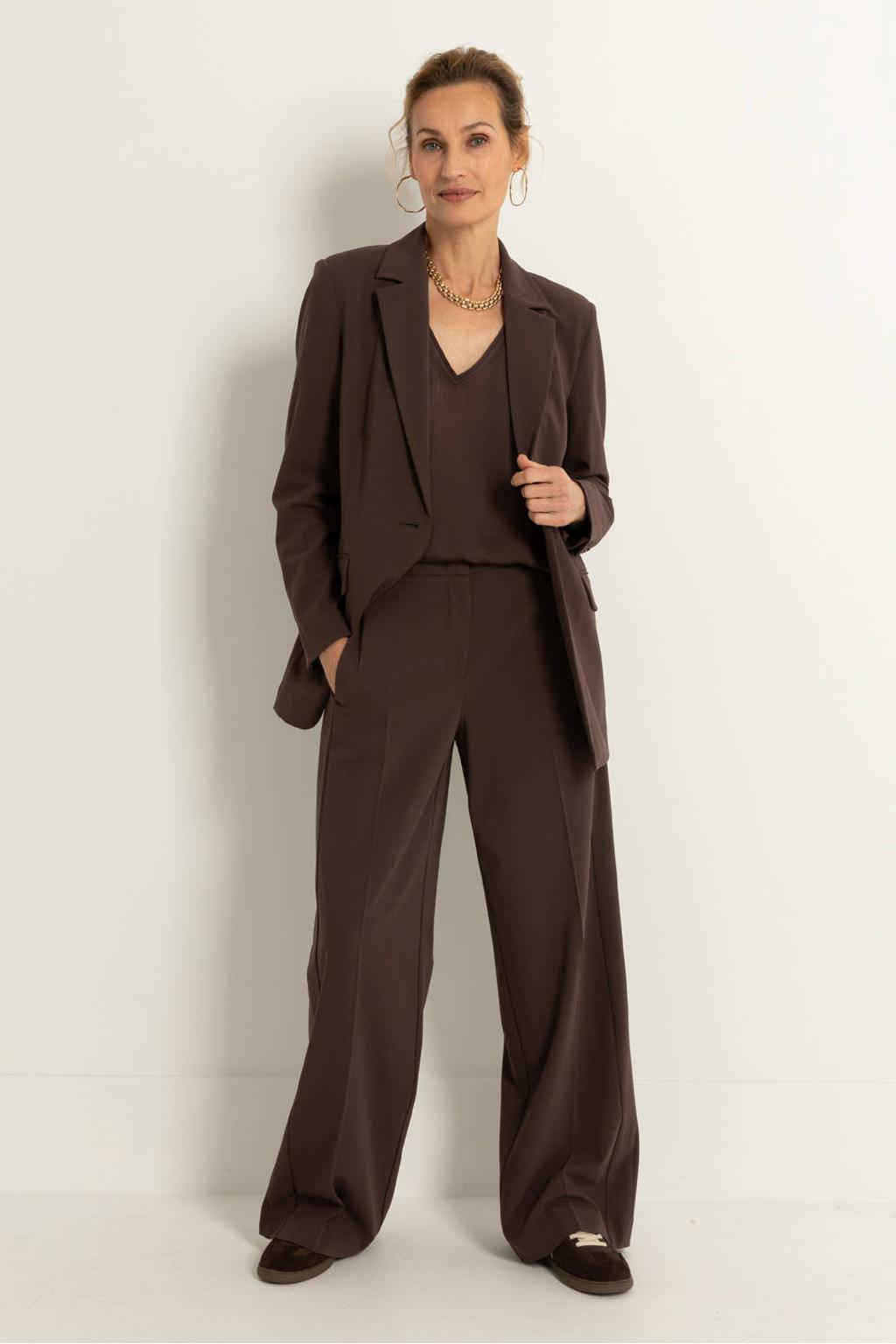 Donkerblauwe dames Claudia Sträter wide leg high waist broek met rits, haak- en knoopsluiting en effen