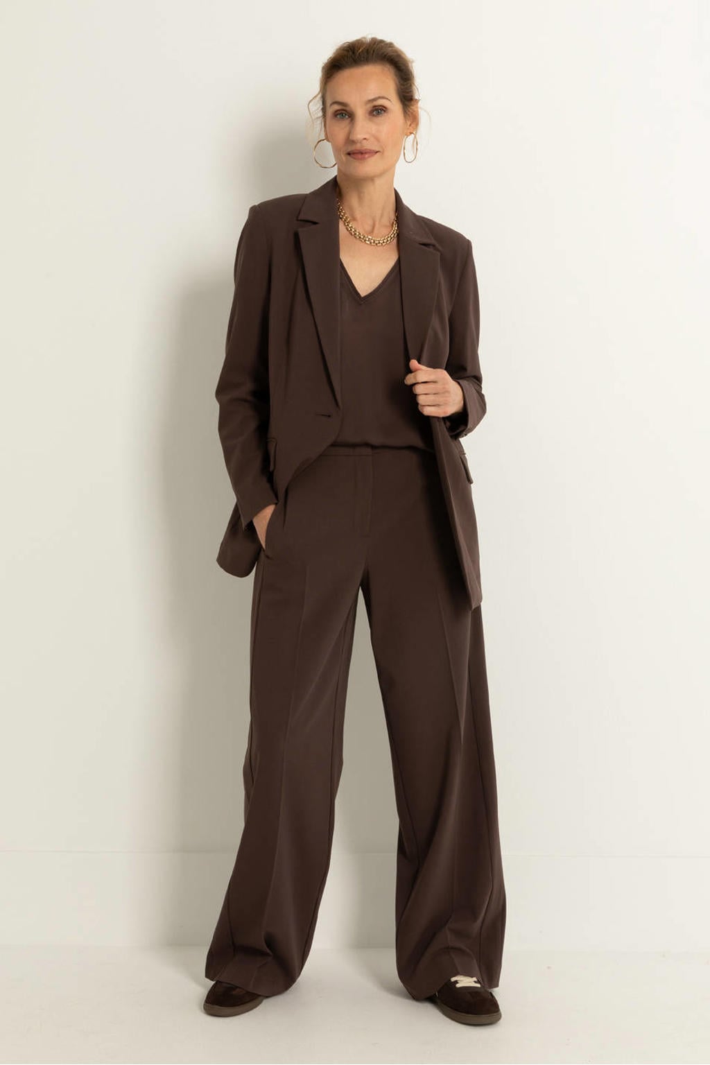 Donkerblauwe dames Claudia Sträter getailleerde blazer van polyester met effen, lange mouwen, reverskraag en knoopsluiting