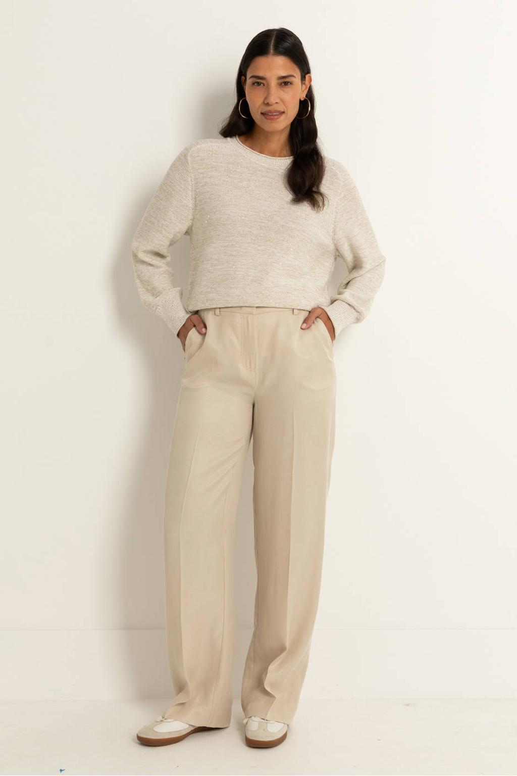 Beige dames Claudia Sträter straight regular waist broek van lyocell met rits, haak- en knoopsluiting en effen