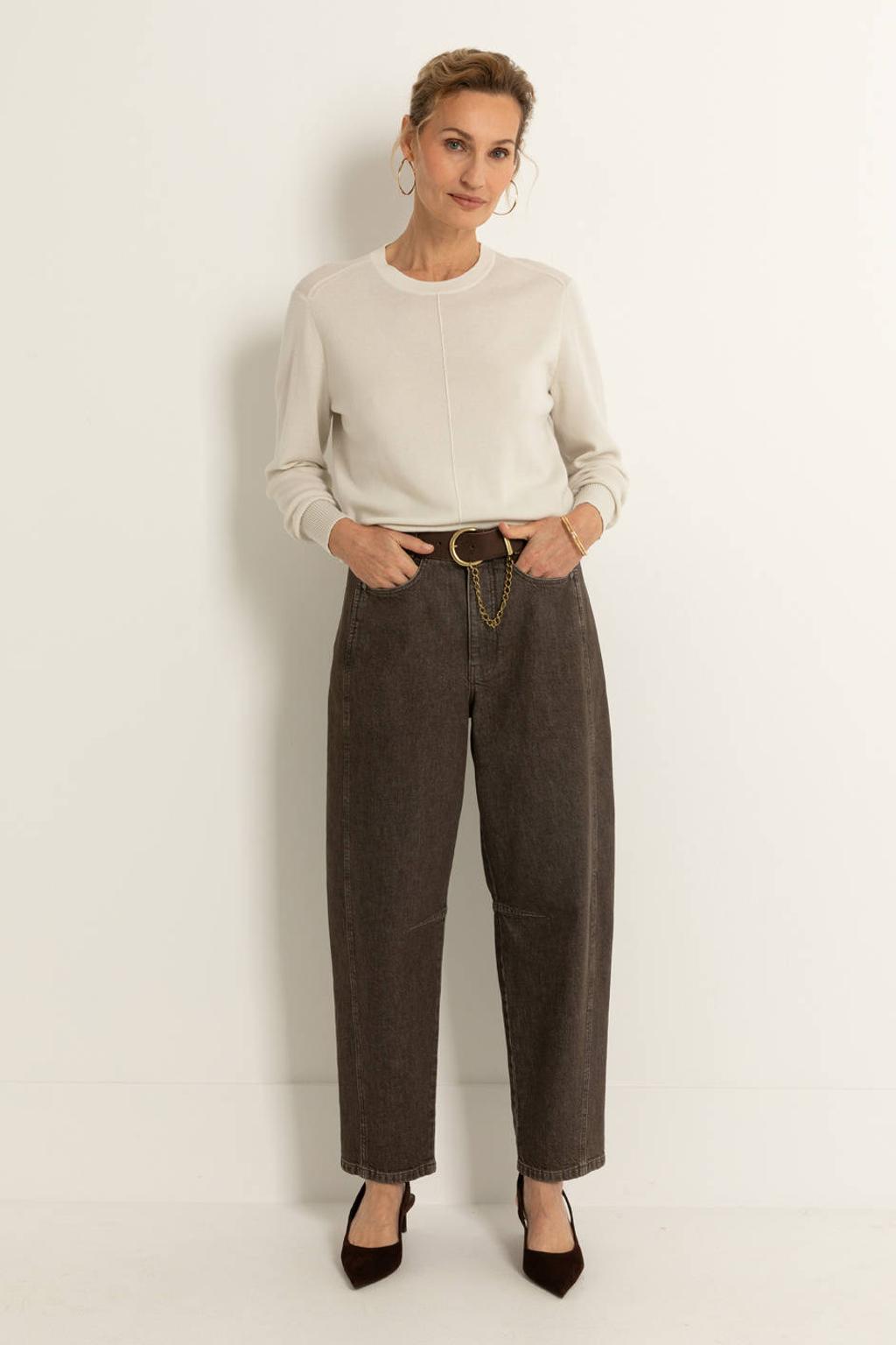 Ecru dames Claudia Sträter pullover van wol met effen, lange mouwen, ronde hals en geribde boorden