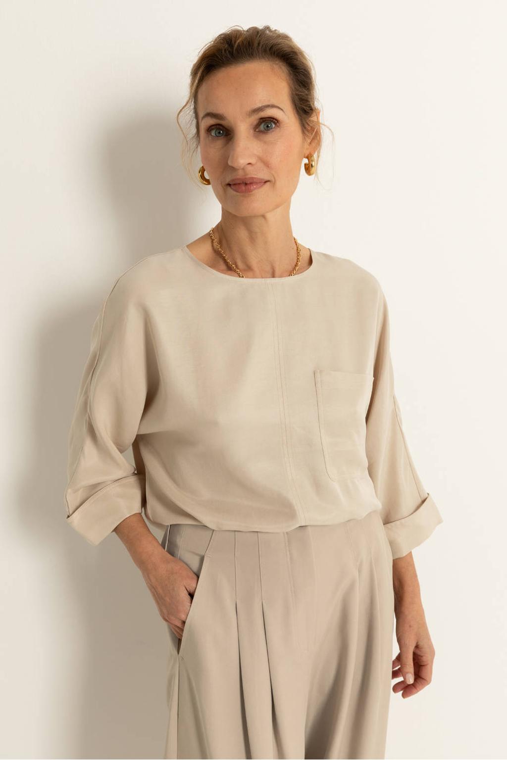 Beige dames Claudia Sträter blousetop van lyocell met effen, driekwart mouwen, klassieke kraag en knoopsluiting