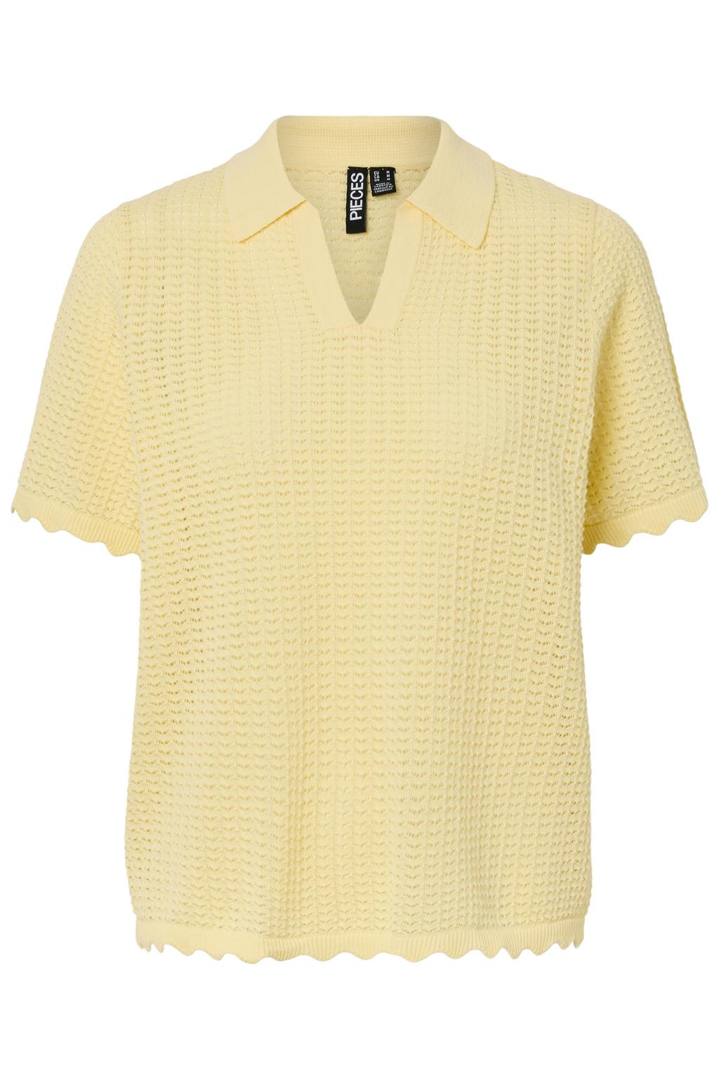 Lichtgele dames PIECES top gebreid met effen, korte mouwen en polo kraag