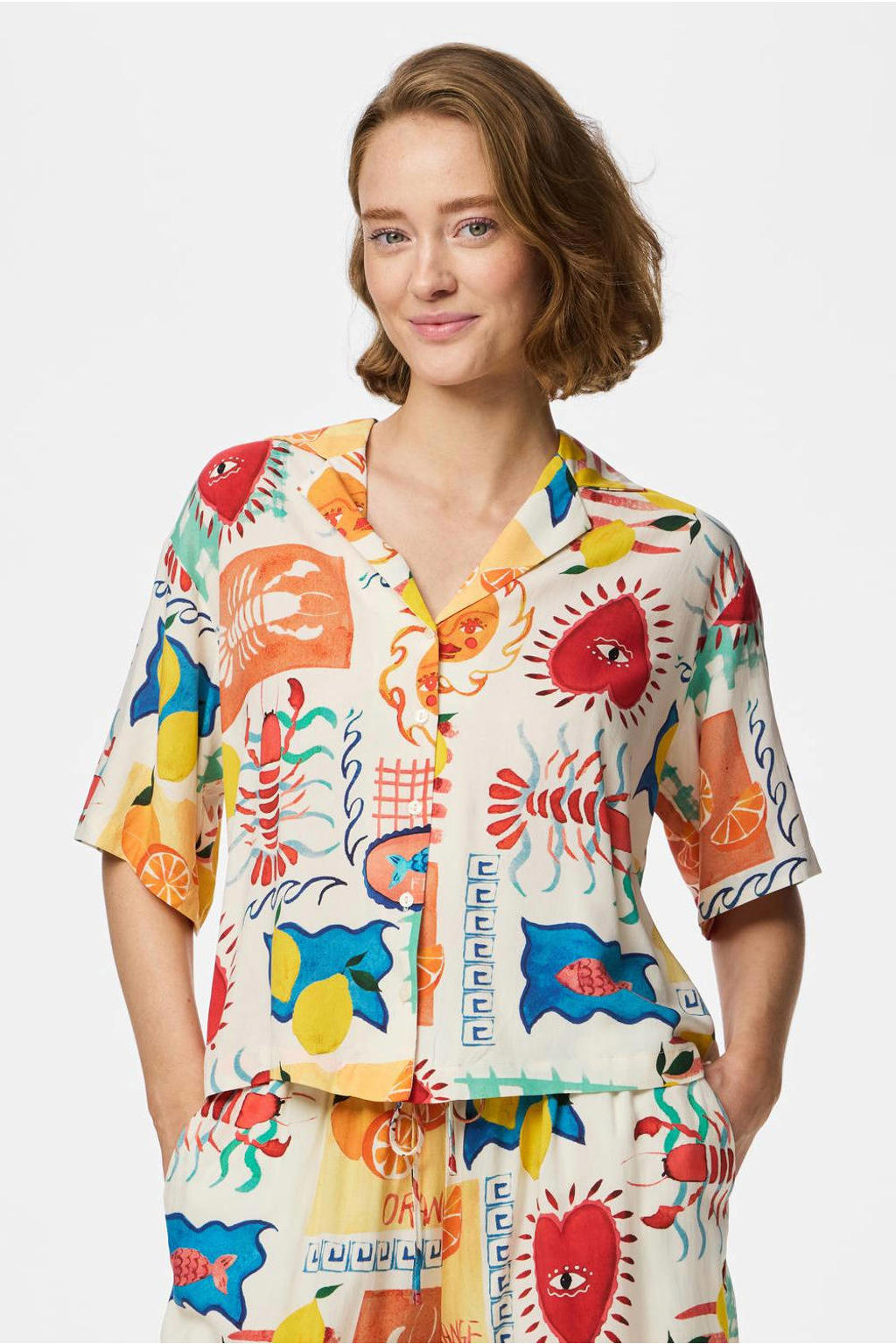 Multikleurige dames PIECES blouse van viscose met korte mouwen, klassieke kraag, knoopsluiting en geweven detail