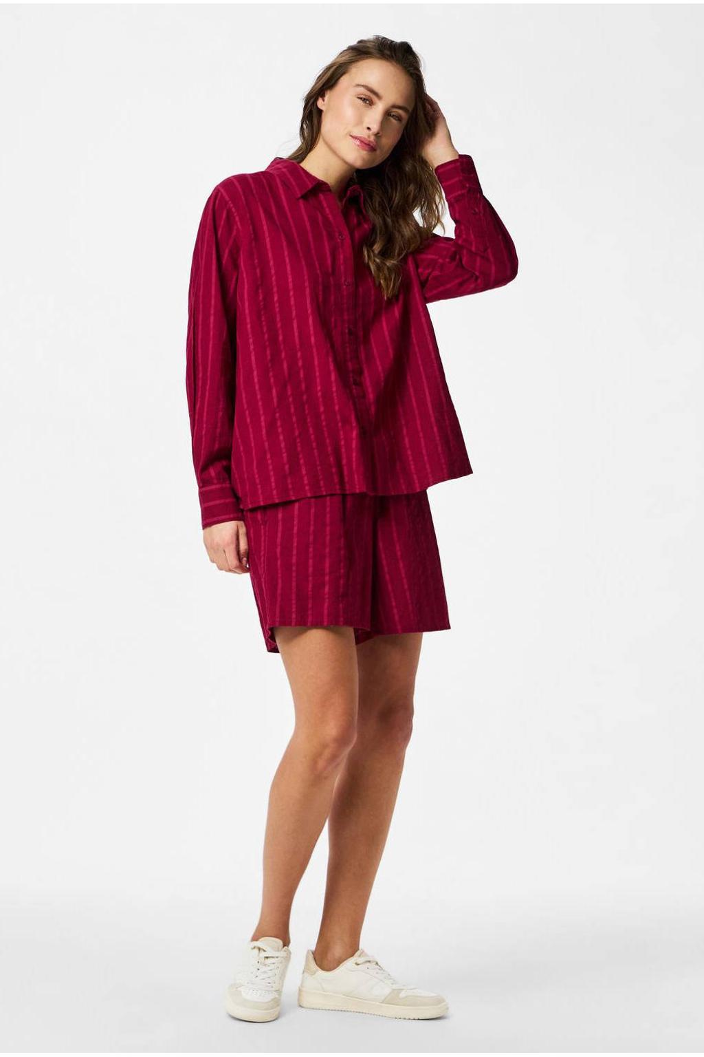 Rood en roze dames PIECES gestreepte blouse van katoen met lange mouwen, klassieke kraag, knoopsluiting en geweven detail