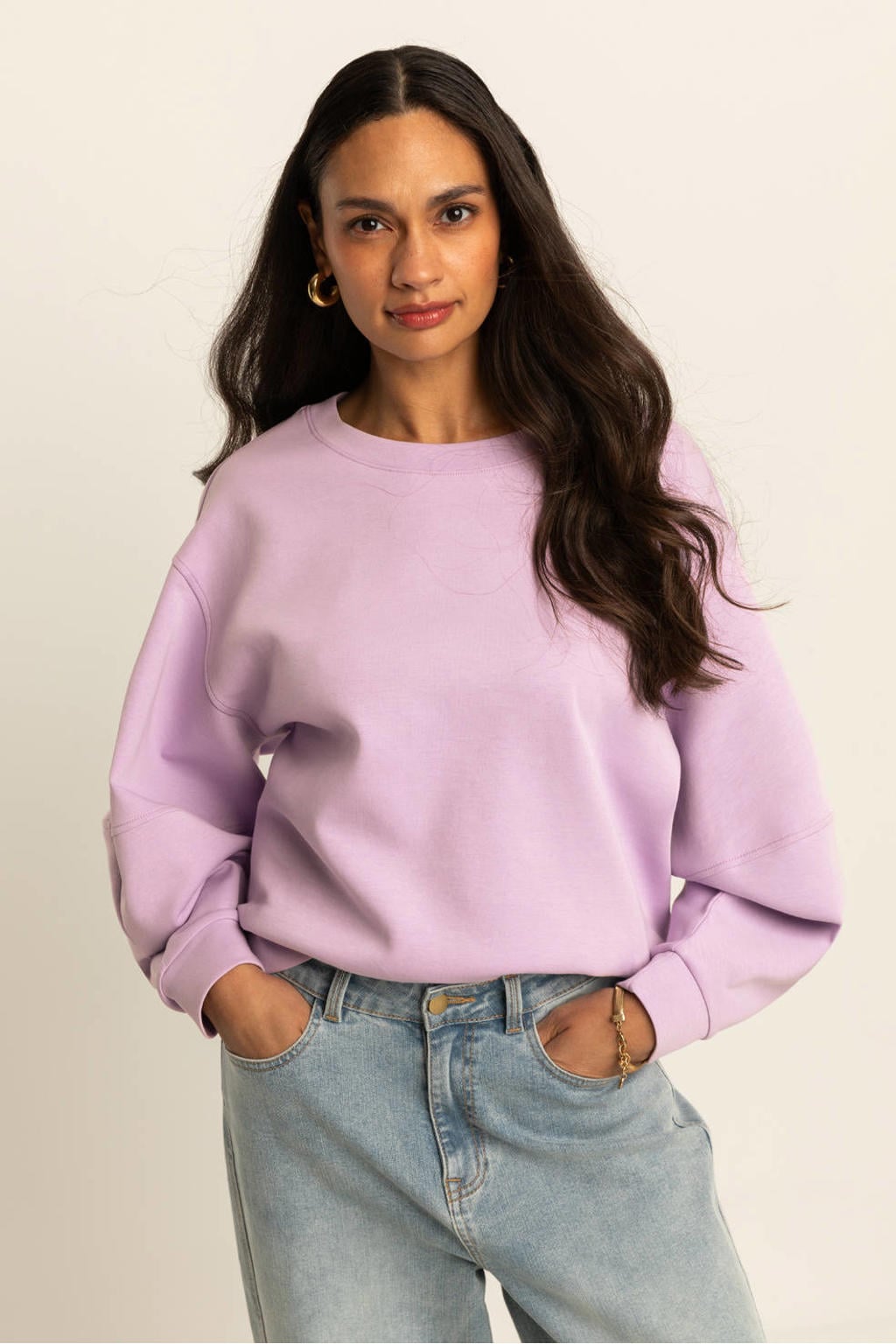Lilakleurige dames Expresso sweater gebreid van katoen met effen, lange mouwen en ronde hals