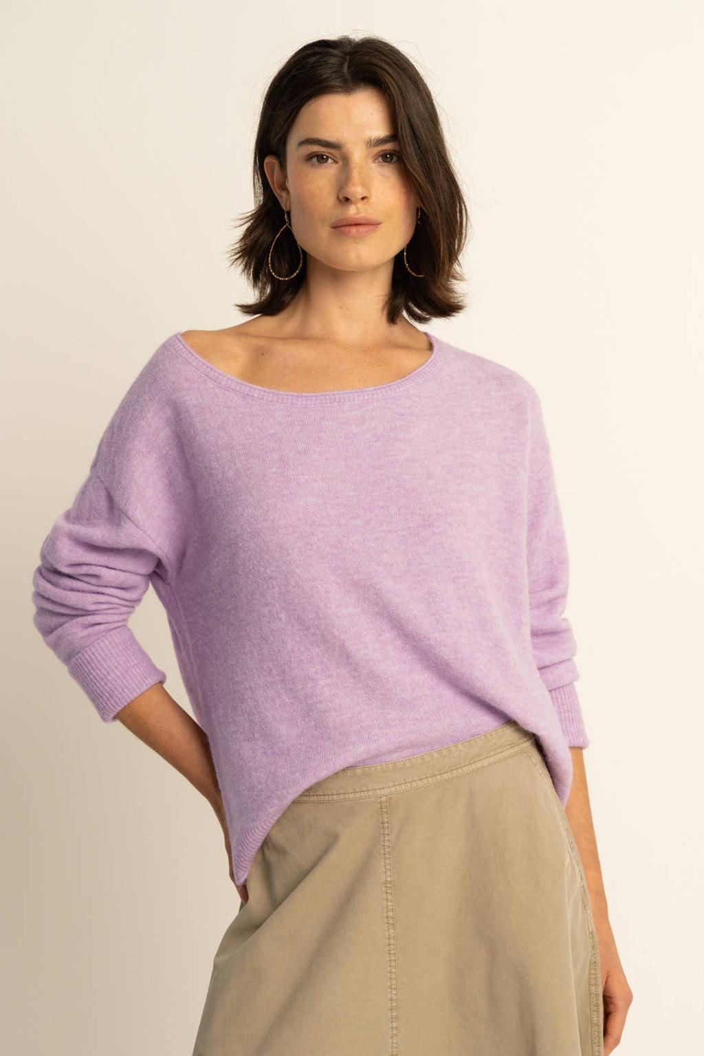 Lilakleurige dames Expresso pullover gebreid van polyamide met effen, lange mouwen en boothals