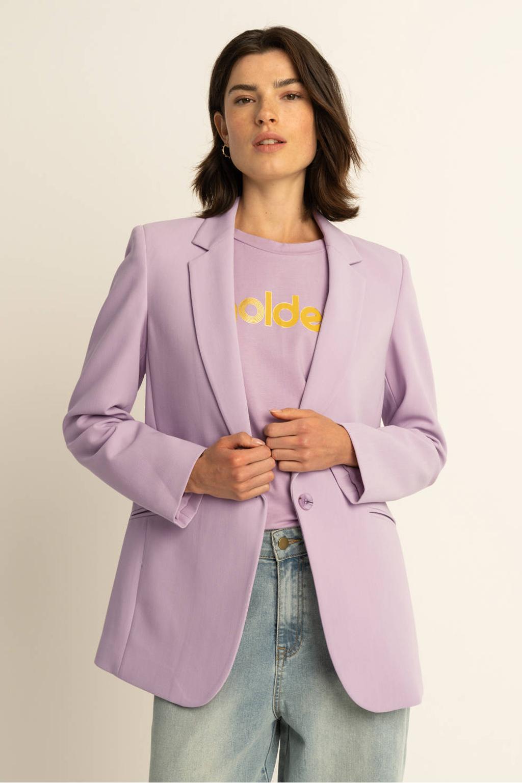Lilakleurige dames Expresso T-shirt van katoen met tekst print, korte mouwen, ronde hals en glimmend detail
