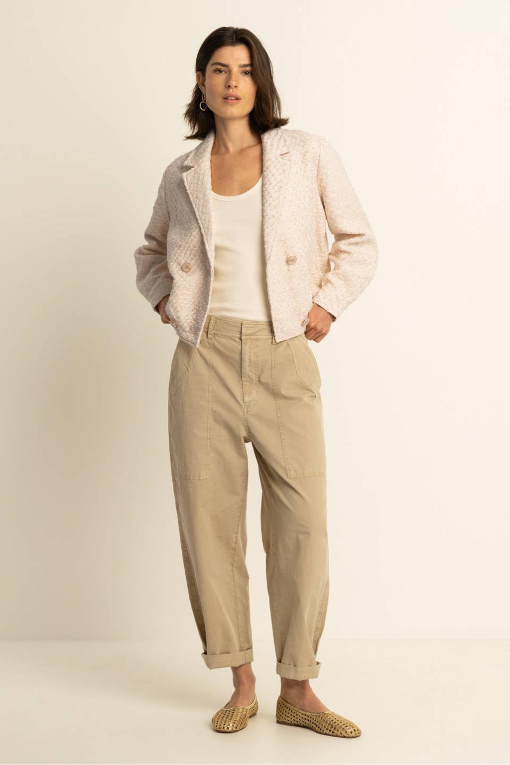 Beige dames Expresso high waist casual broek van katoen met loose fit, rits, haak- en knoopsluiting en effen