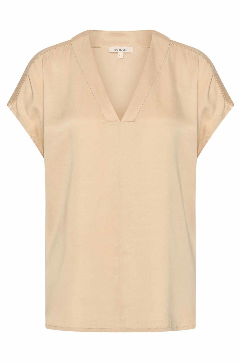 Beige dames Expresso satijnen top van viscose met effen, korte mouwen, V-hals en geweven detail