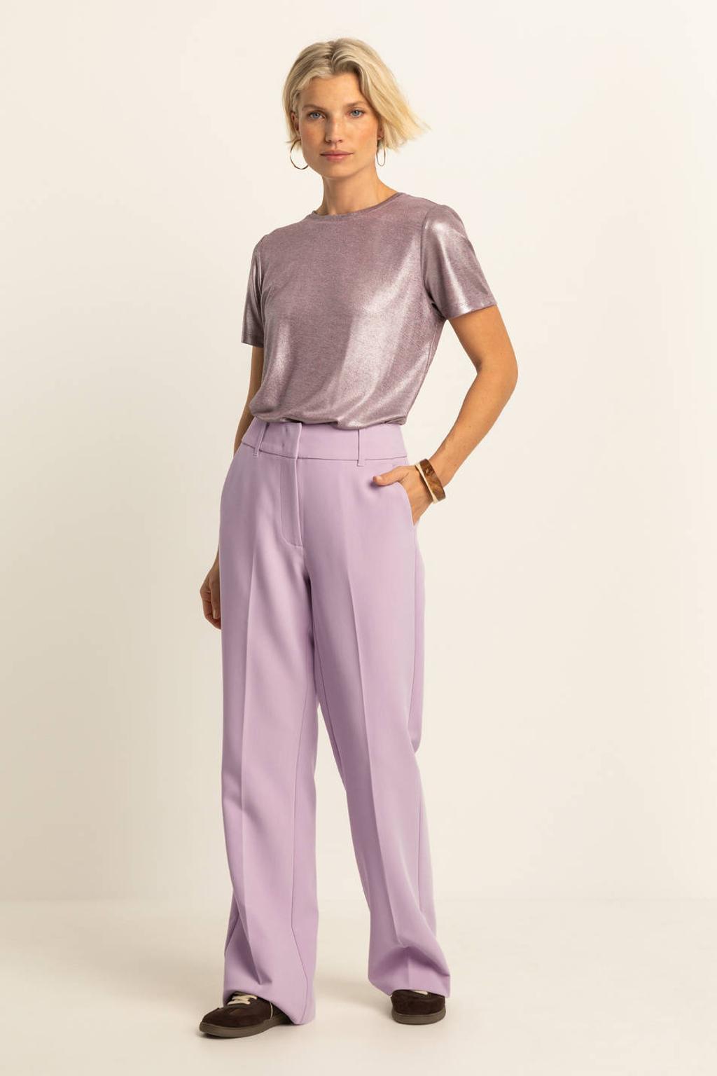Lilakleurige dames Expresso wide leg high waist pantalon met rits, haak- en knoopsluiting en effen