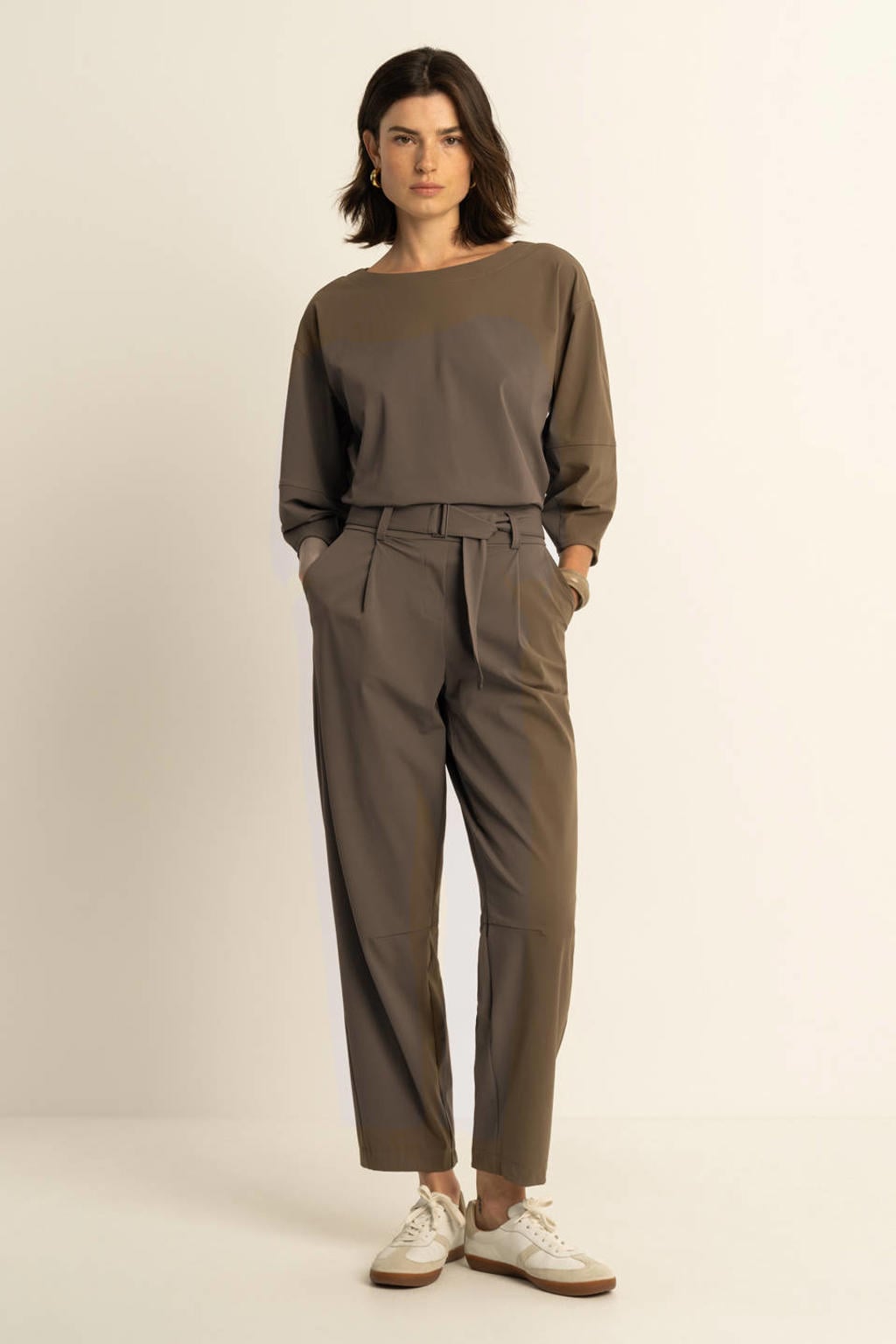 Bruine dames Expresso straight high waist broek van polyamide met rits, haak- en knoopsluiting en effen