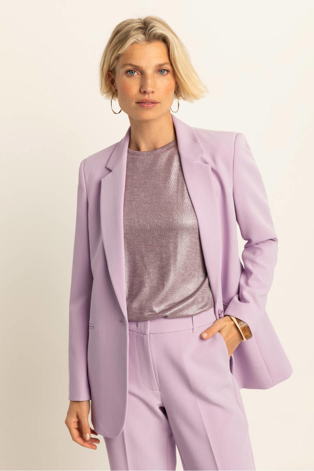 Lilakleurige dames Expresso oversized blazer van polyester met effen, lange mouwen, reverskraag, knoopsluiting en geweven detail