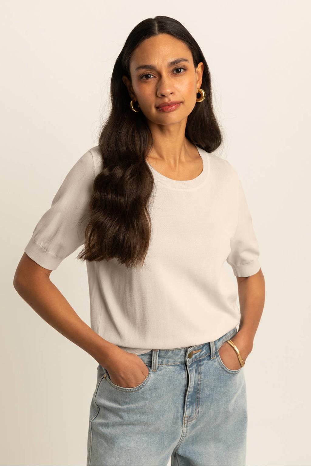 Crème dames Expresso pullover gebreid van viscose met effen, korte mouwen en ronde hals