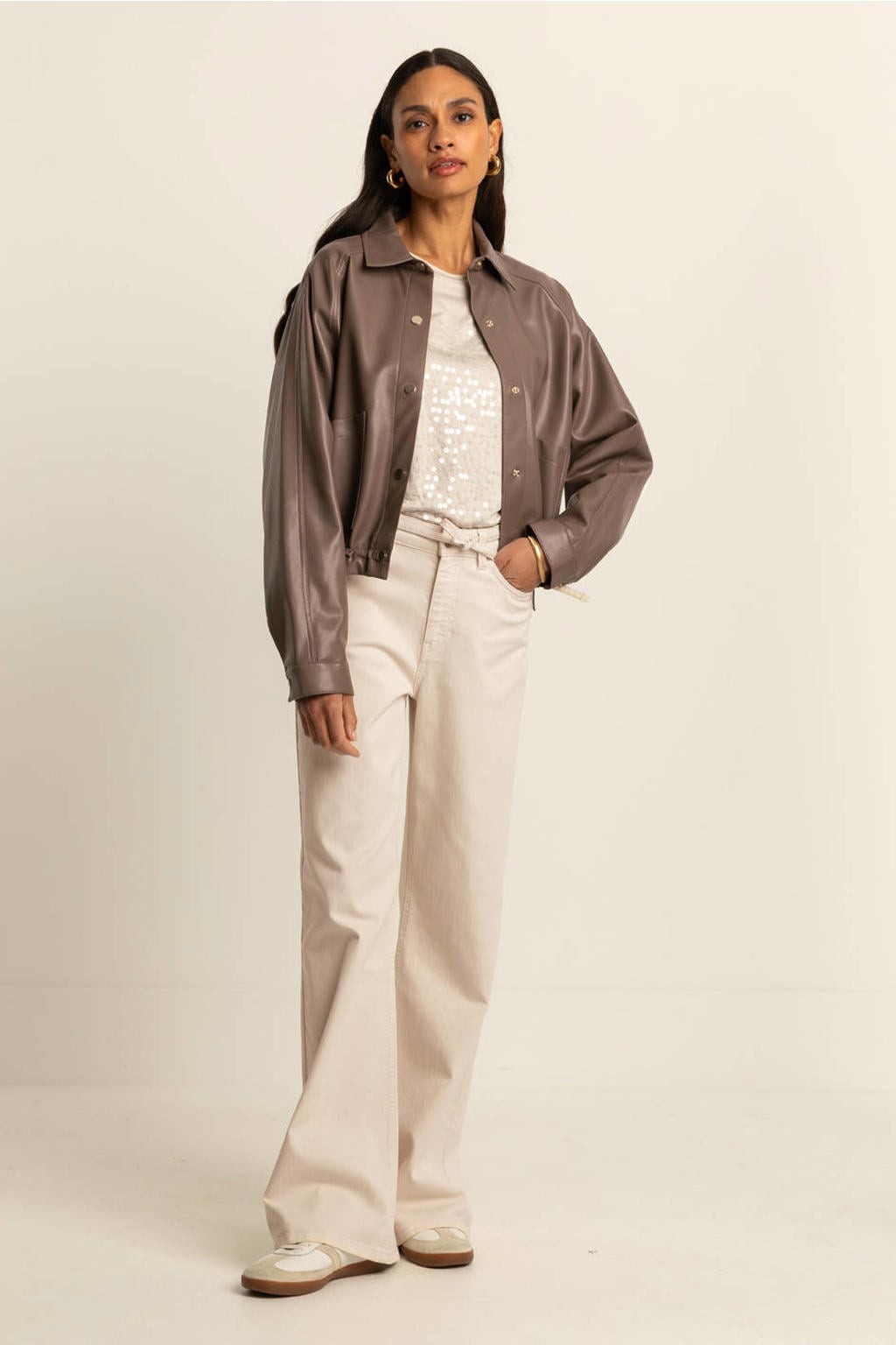Crème dames Expresso wide leg jeans van denim met rits- en knoopsluiting en effen