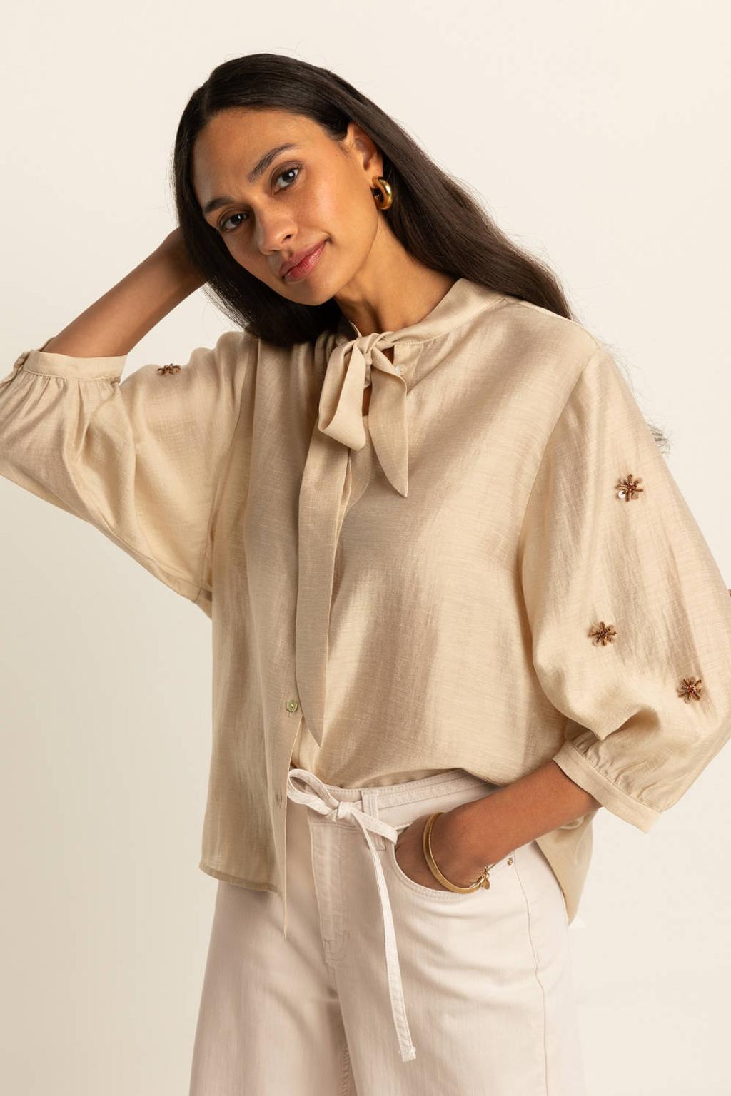 Beige dames Expresso blouse van polyester met effen, lange mouwen, opstaande kraag, knoopsluiting en geweven detail