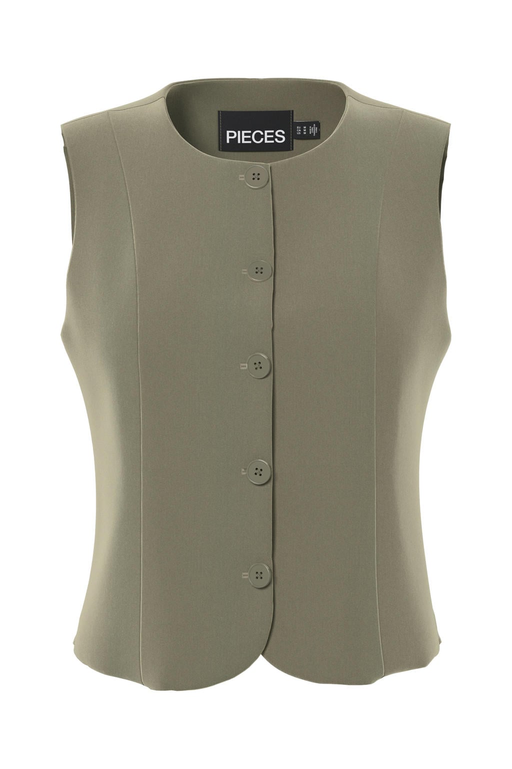 Kakikleurige dames PIECES gilet van polyester met effen, ronde hals en knoopsluiting