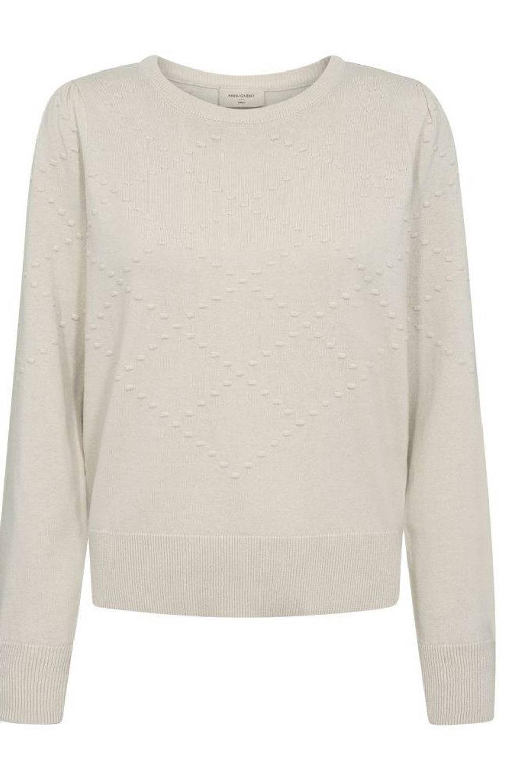 Ecru dames FREEQUENT pullover van katoen met effen, lange mouwen, ronde hals en geribde boorden