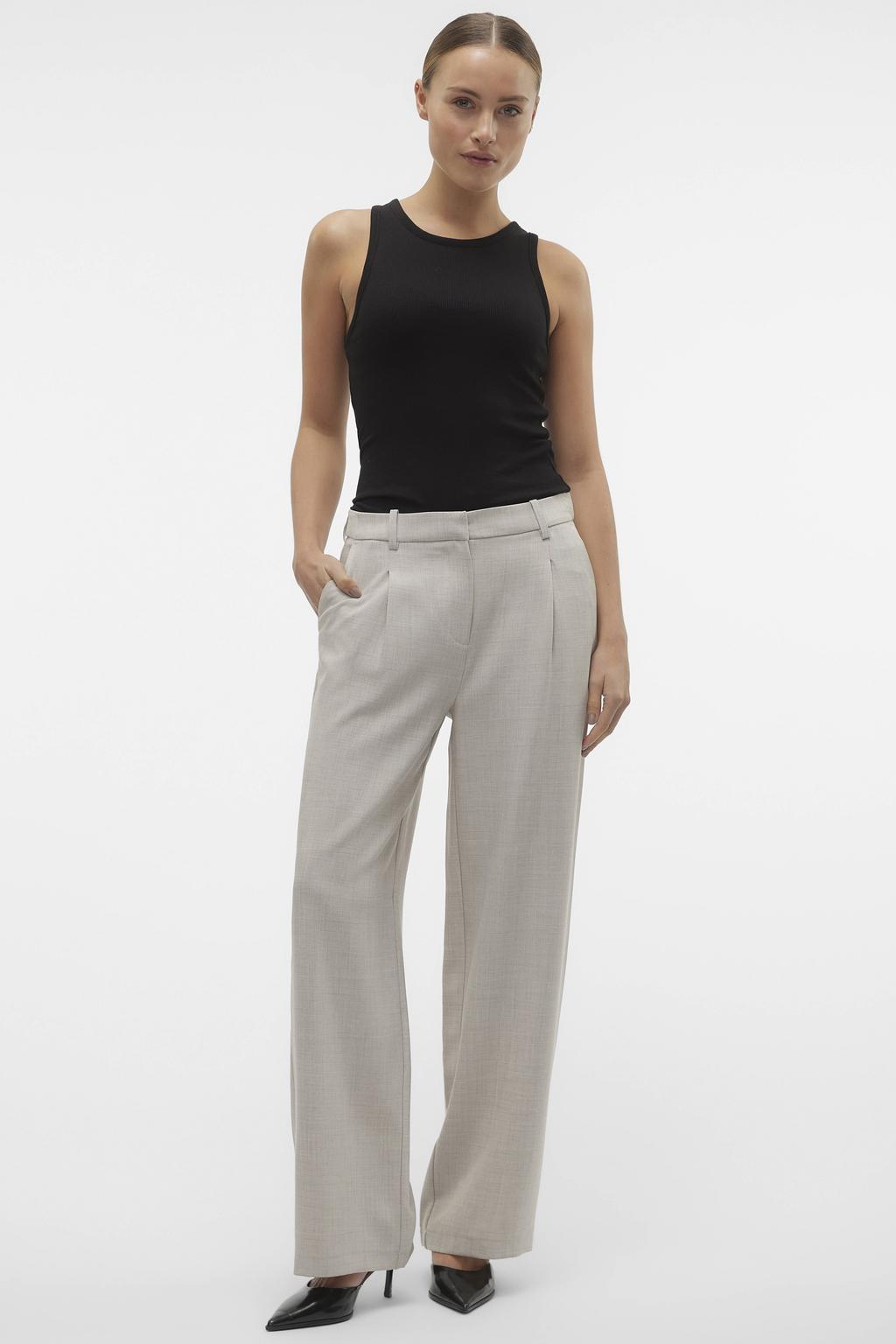 Taupe dames VERO MODA wide leg regular waist casual broek met rits- en knoopsluiting en effen