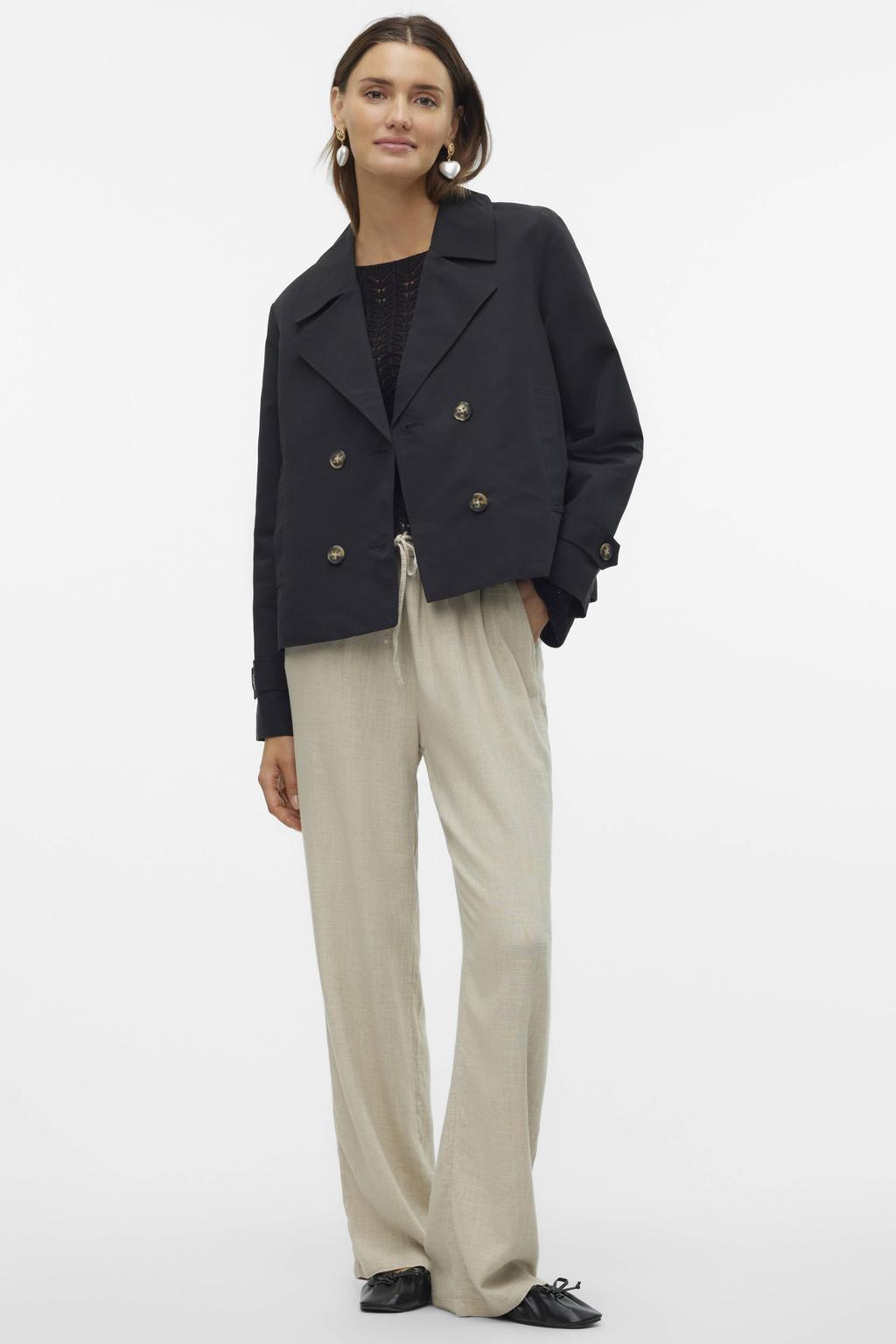 Zwarte dames VERO MODA trenchcoat van polyester met effen, lange mouwen, reverskraag en double breasted sluiting