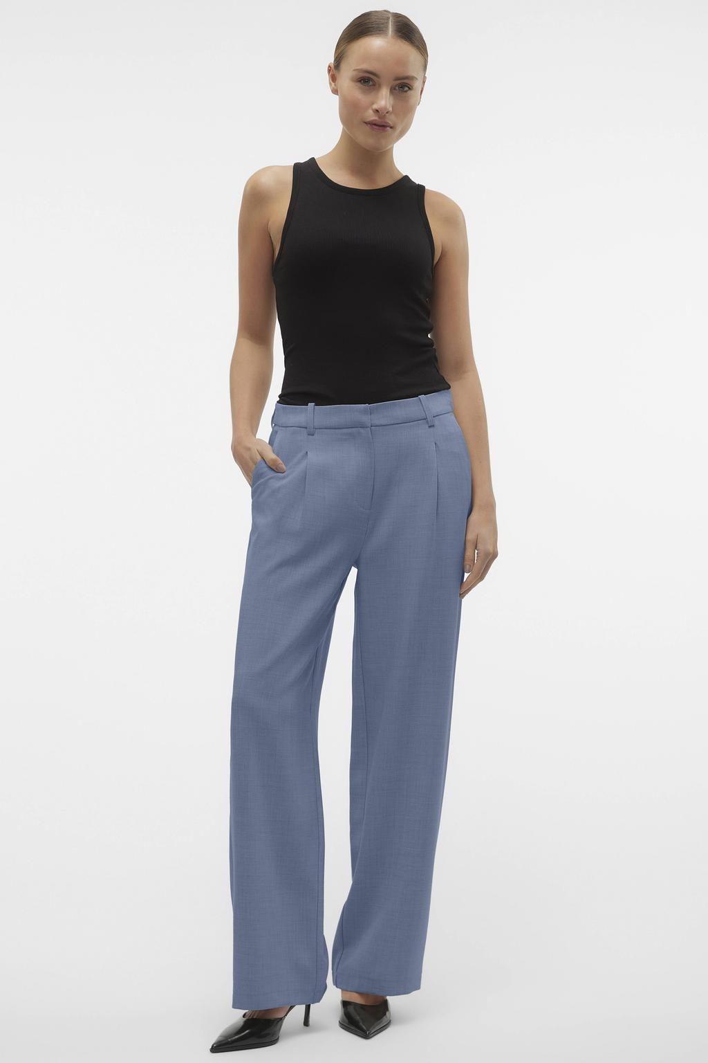 Blauwe dames VERO MODA wide leg regular waist casual broek met rits- en knoopsluiting en effen