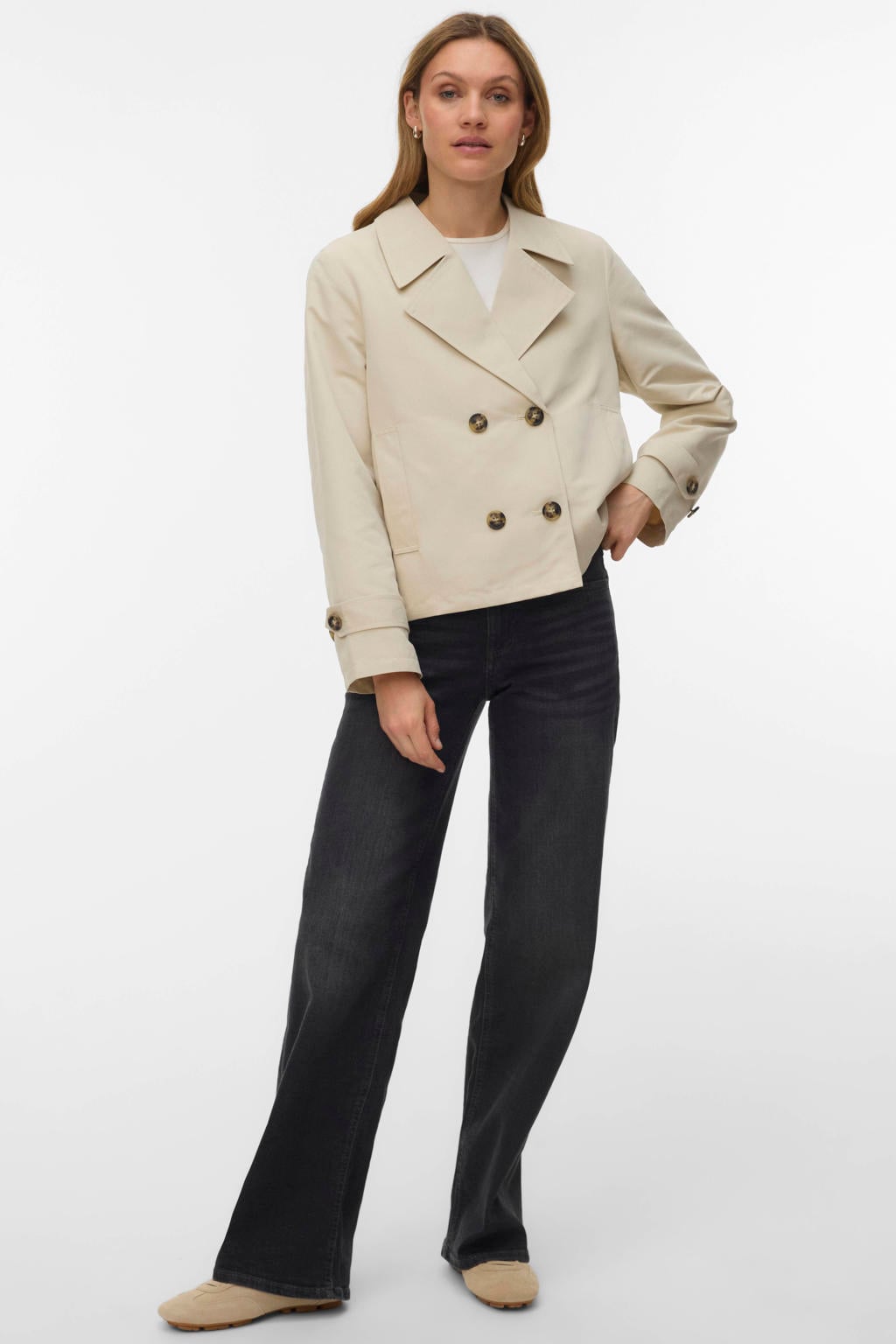 Beige dames VERO MODA trenchcoat licht van polyester met effen, lange mouwen, reverskraag en double breasted sluiting