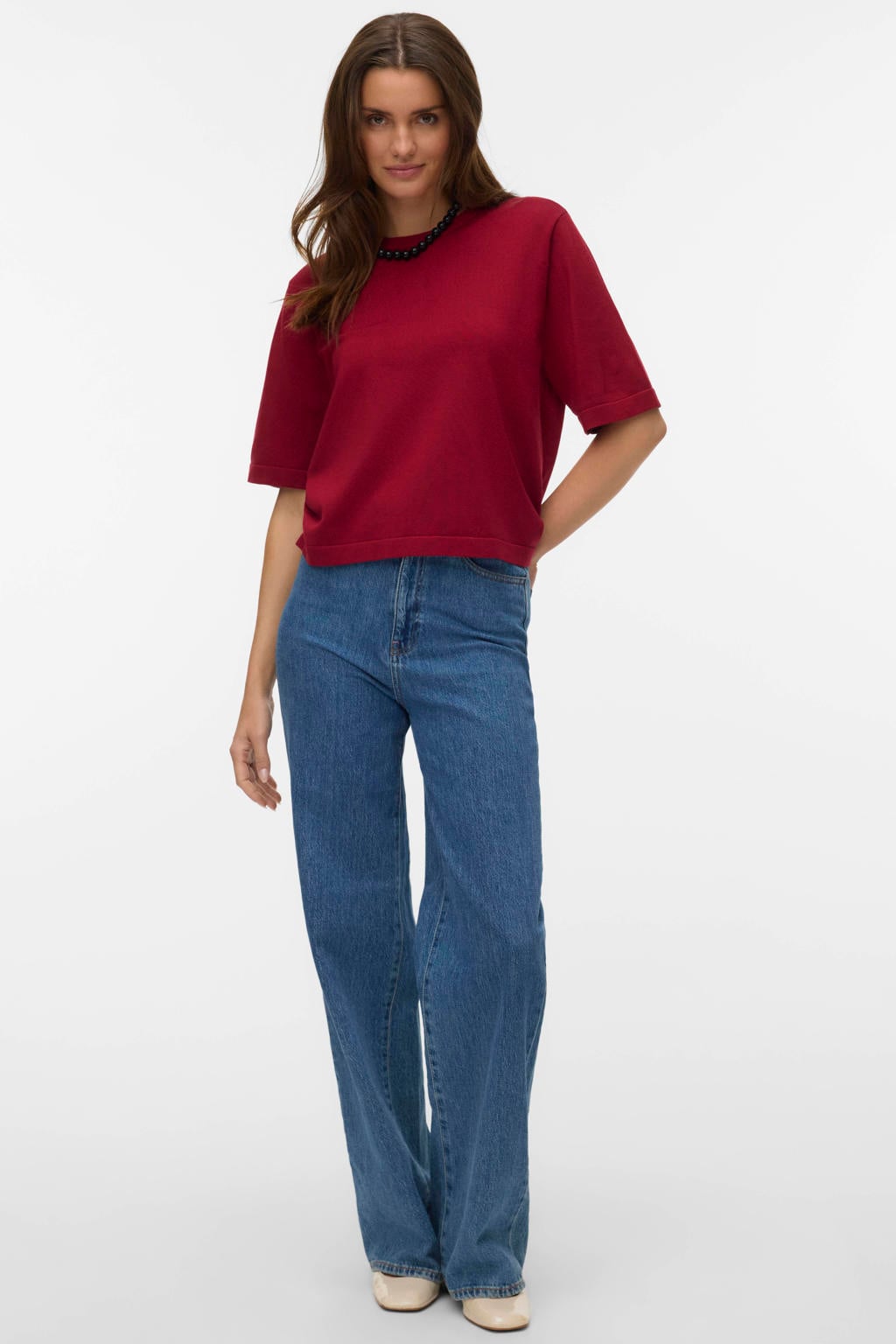 Rode dames VERO MODA pullover van viscose met effen, korte mouwen, ronde hals en geribde boorden