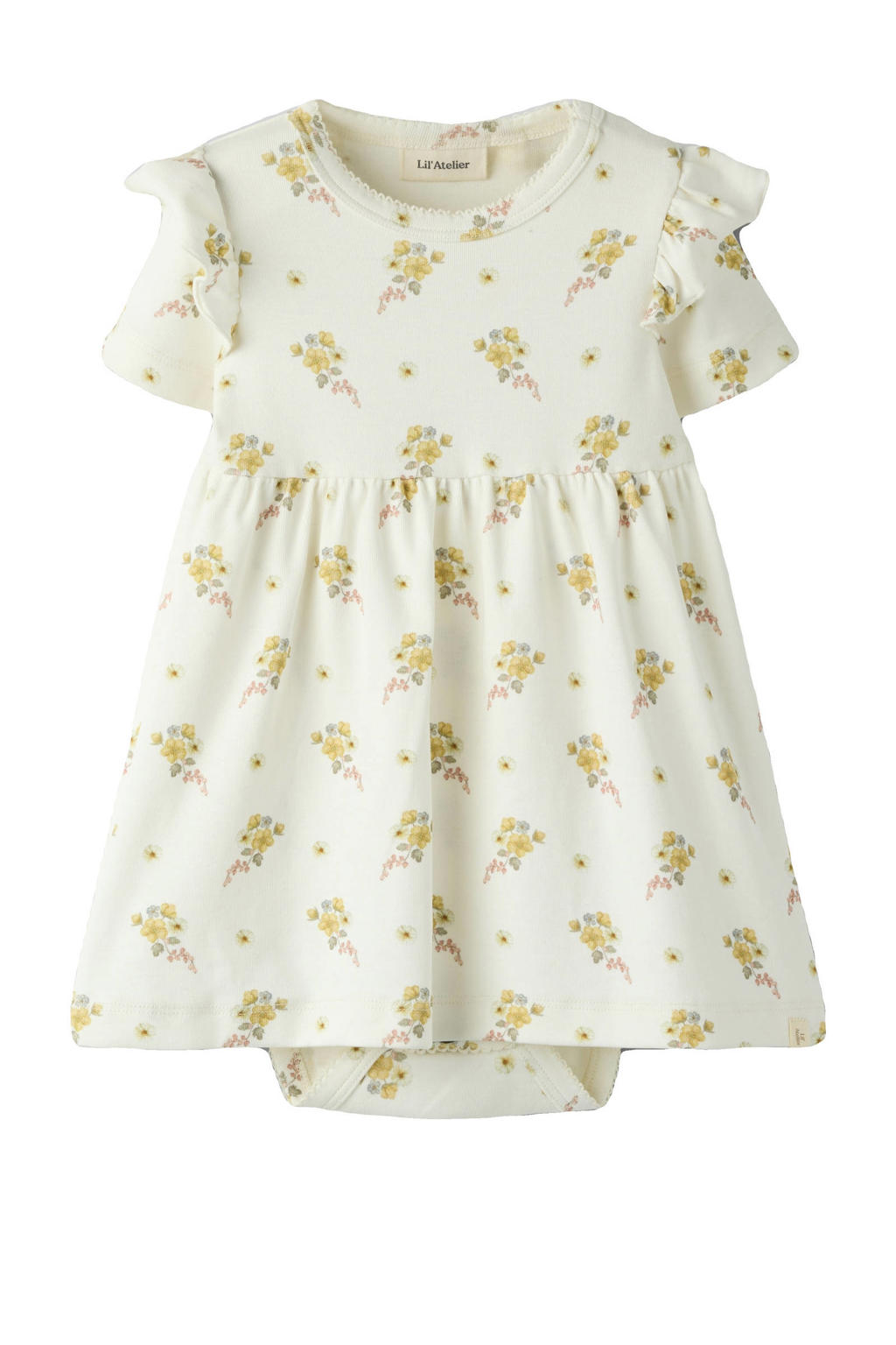 Ecru meisjes LIL' ATELIER BABY gebloemde korte jurk van stretchkatoen met korte mouwen, ronde hals en drukknoopsluiting