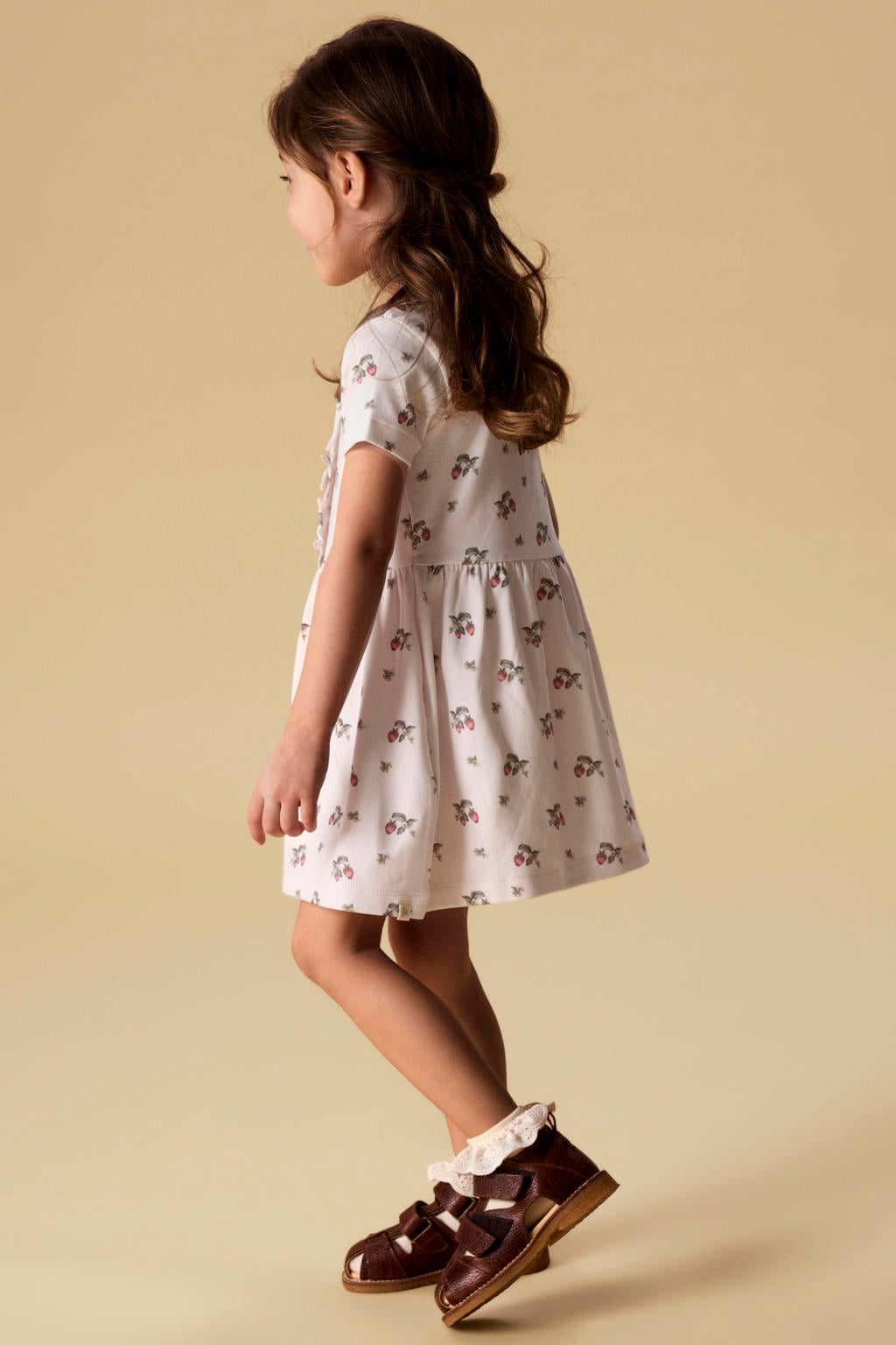 Ecru en roze meisjes LIL' ATELIER MINI korte jurk van stretchkatoen met korte mouwen en ronde hals