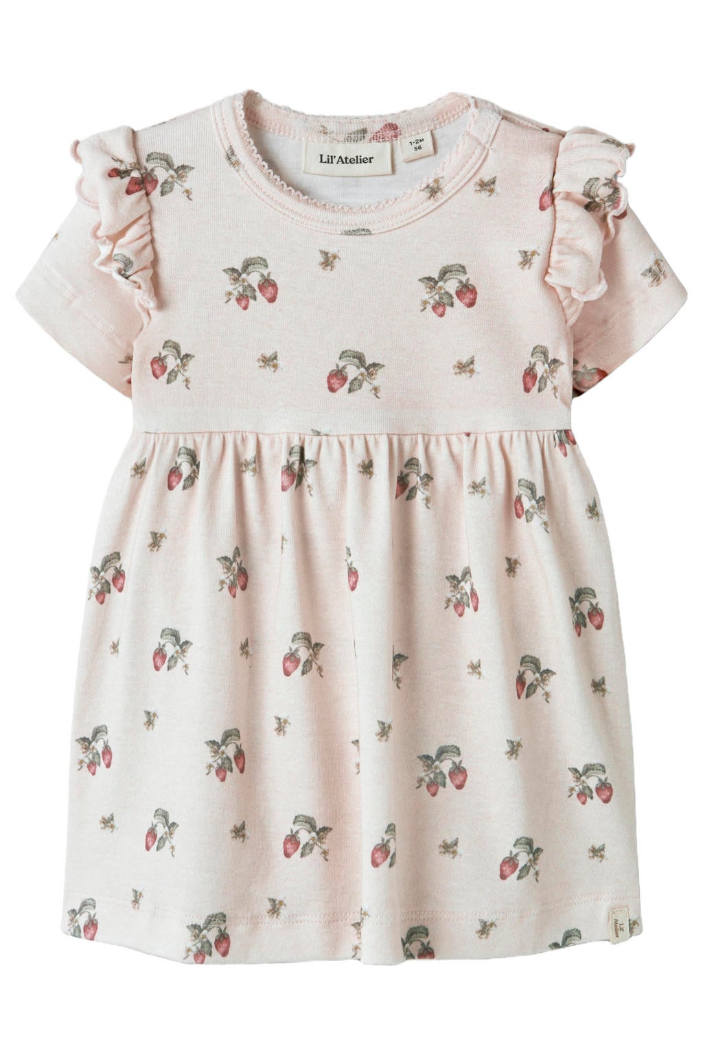 Lichtroze meisjes LIL' ATELIER BABY gebloemde korte jurk van stretchkatoen met korte mouwen, ronde hals en drukknoopsluiting