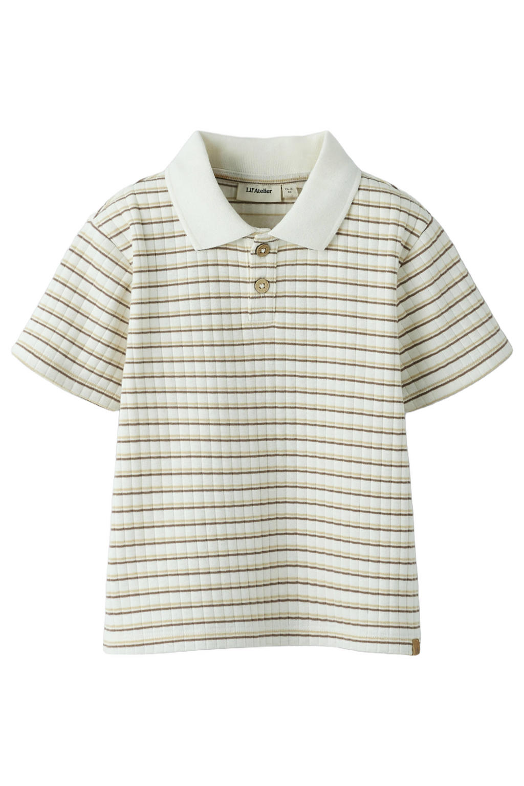 Ecru en bruine jongens LIL' ATELIER MINI gestreepte polo gebreid van stretchkatoen met korte mouwen en knoopsluiting