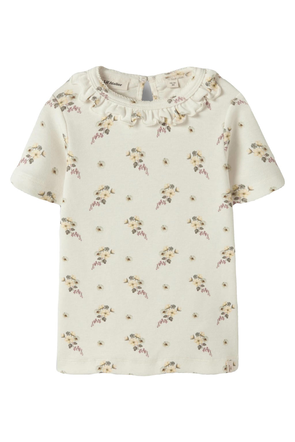 Ecru meisjes LIL' ATELIER MINI T-shirt van stretchkatoen met korte mouwen, ronde hals, knoopsluiting en ruches