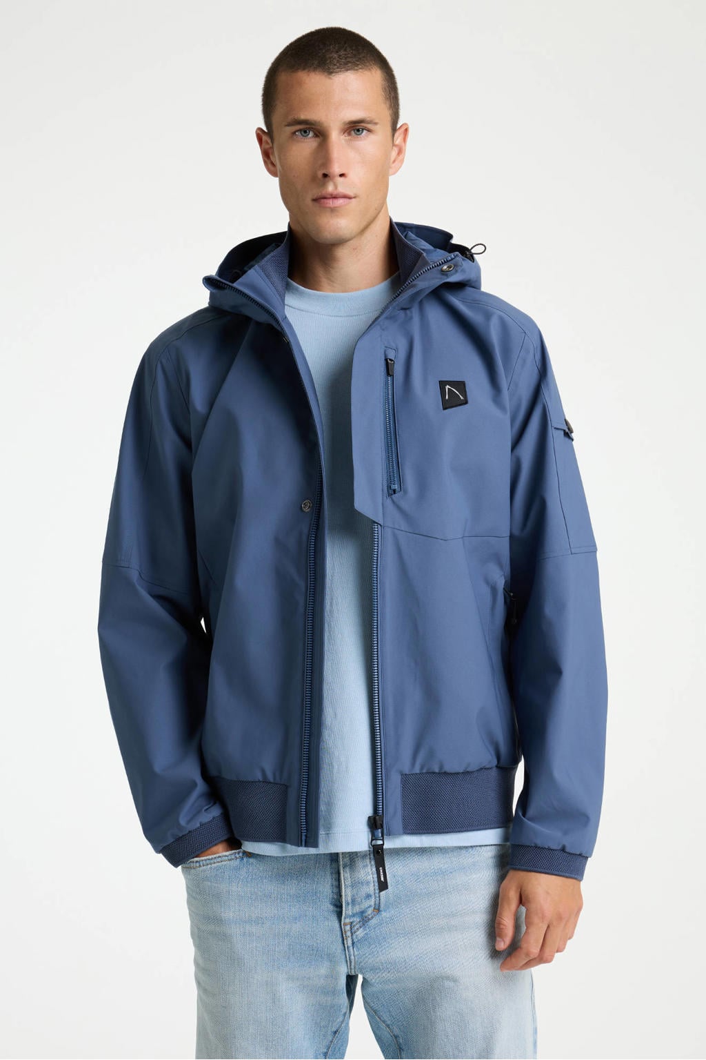 Blauwe heren CHASIN' softshell jas met effen, lange mouwen, capuchon en rits- en drukknoopsluiting