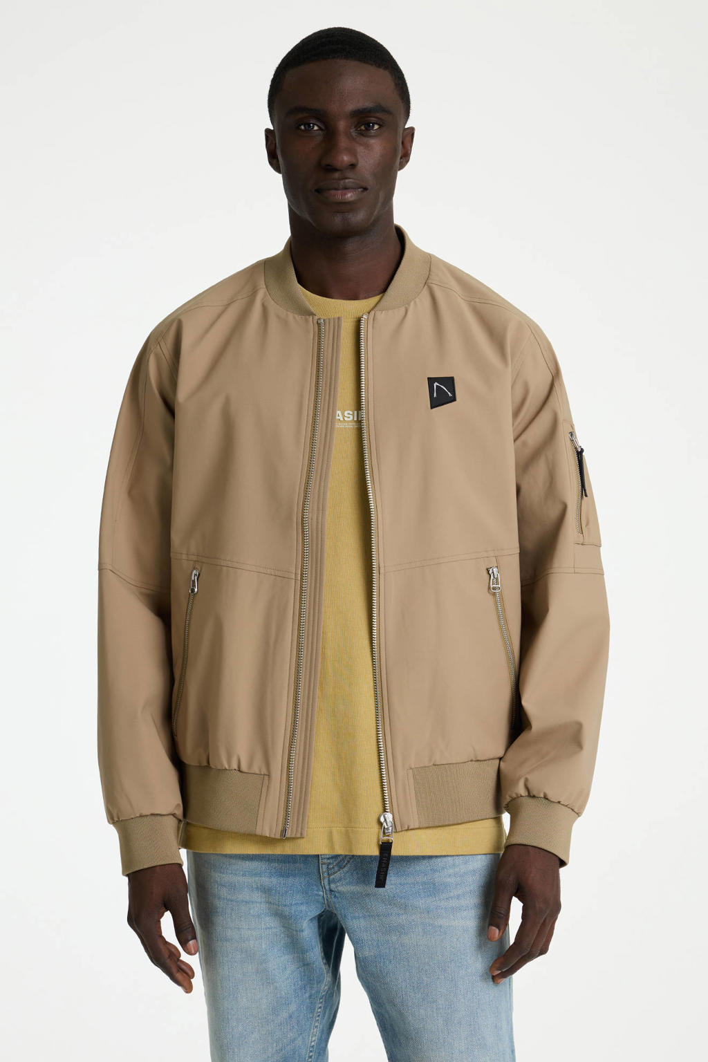 Lichtbruine heren CHASIN' bomberjack van softshell materiaal met effen, lange mouwen, opstaande kraag, ritssluiting en elastische boord