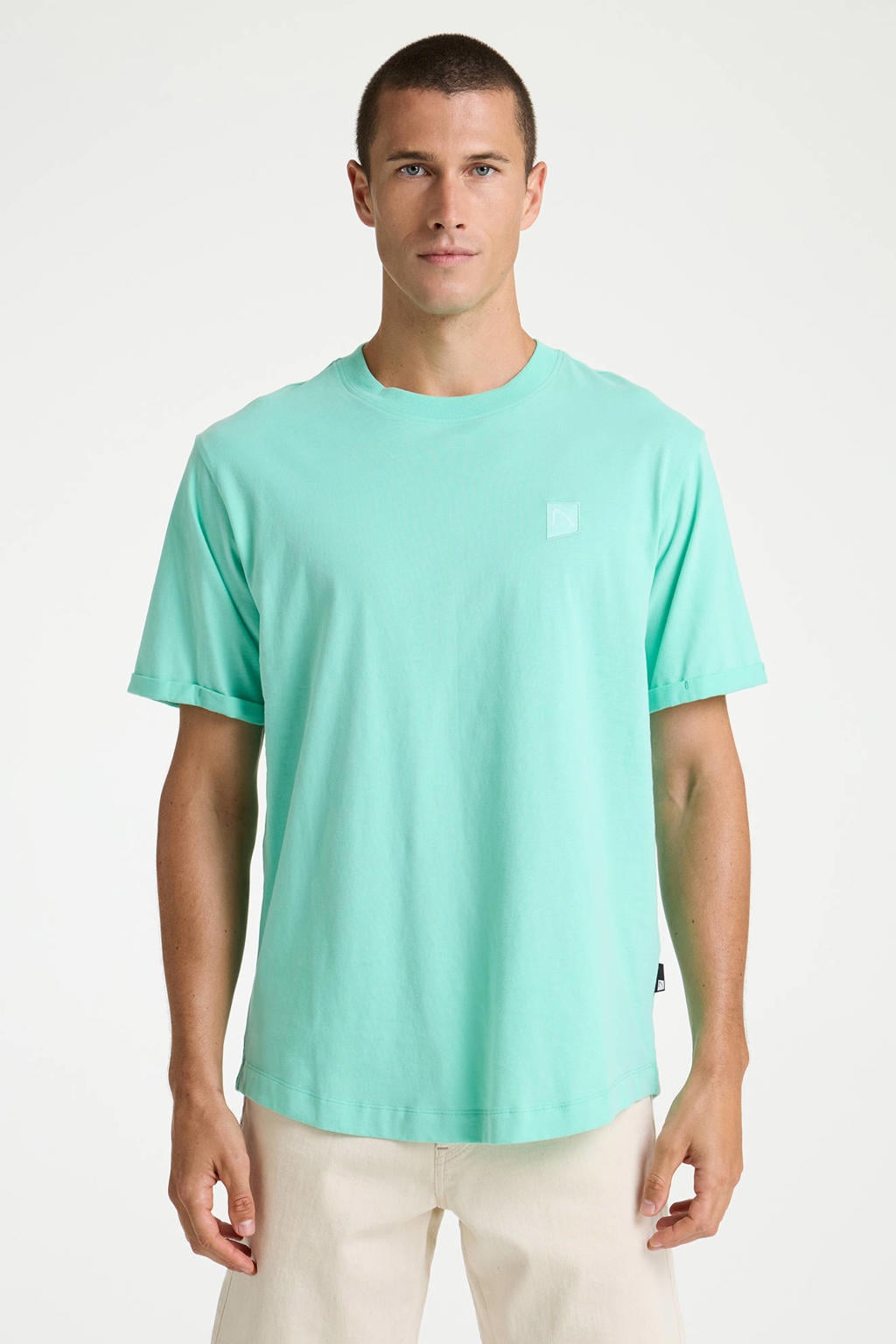 Cyaan heren CHASIN' regular T-shirt cyaan van katoen met effen, korte mouwen en ronde hals