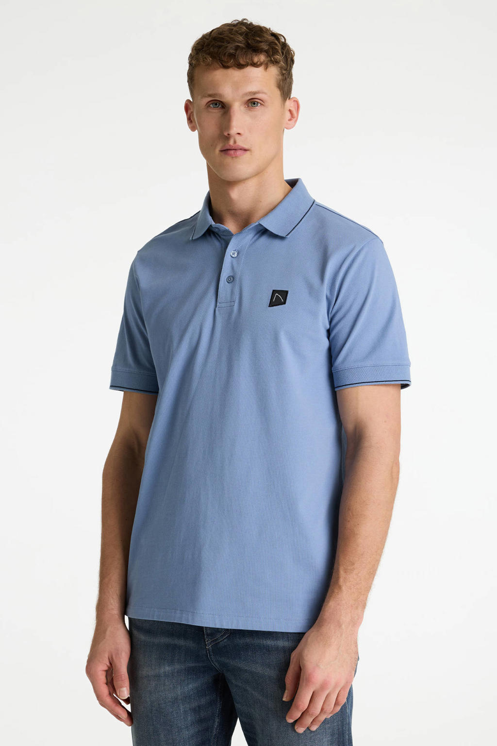 Blauwe heren CHASIN' regular polo van katoen met effen, korte mouwen, knoopsluiting en pique