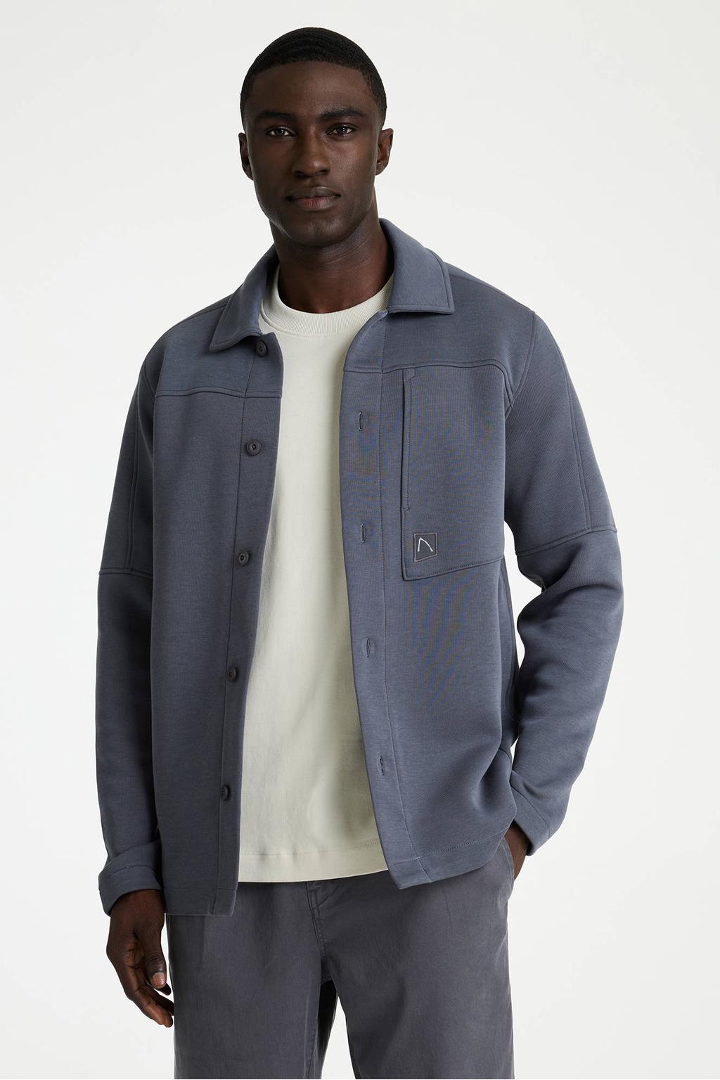 Grijsblauwe heren CHASIN' overshirt blauw van katoen met effen, lange mouwen, klassieke kraag en knoopsluiting