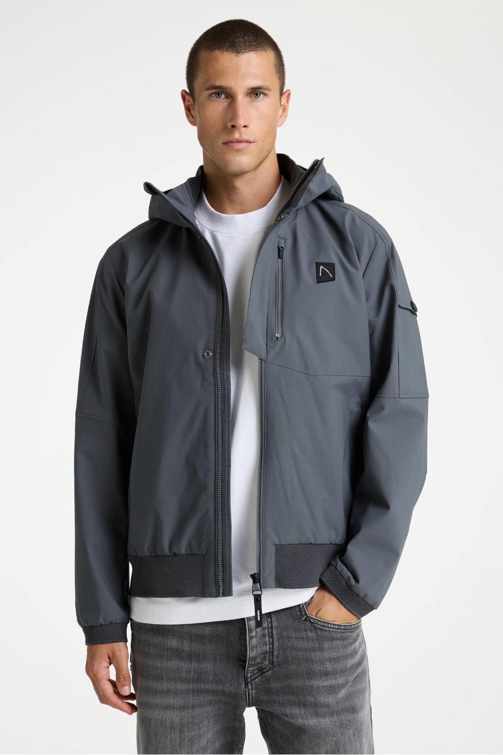Grijze heren CHASIN' softshell jas met effen, lange mouwen, capuchon en rits- en drukknoopsluiting