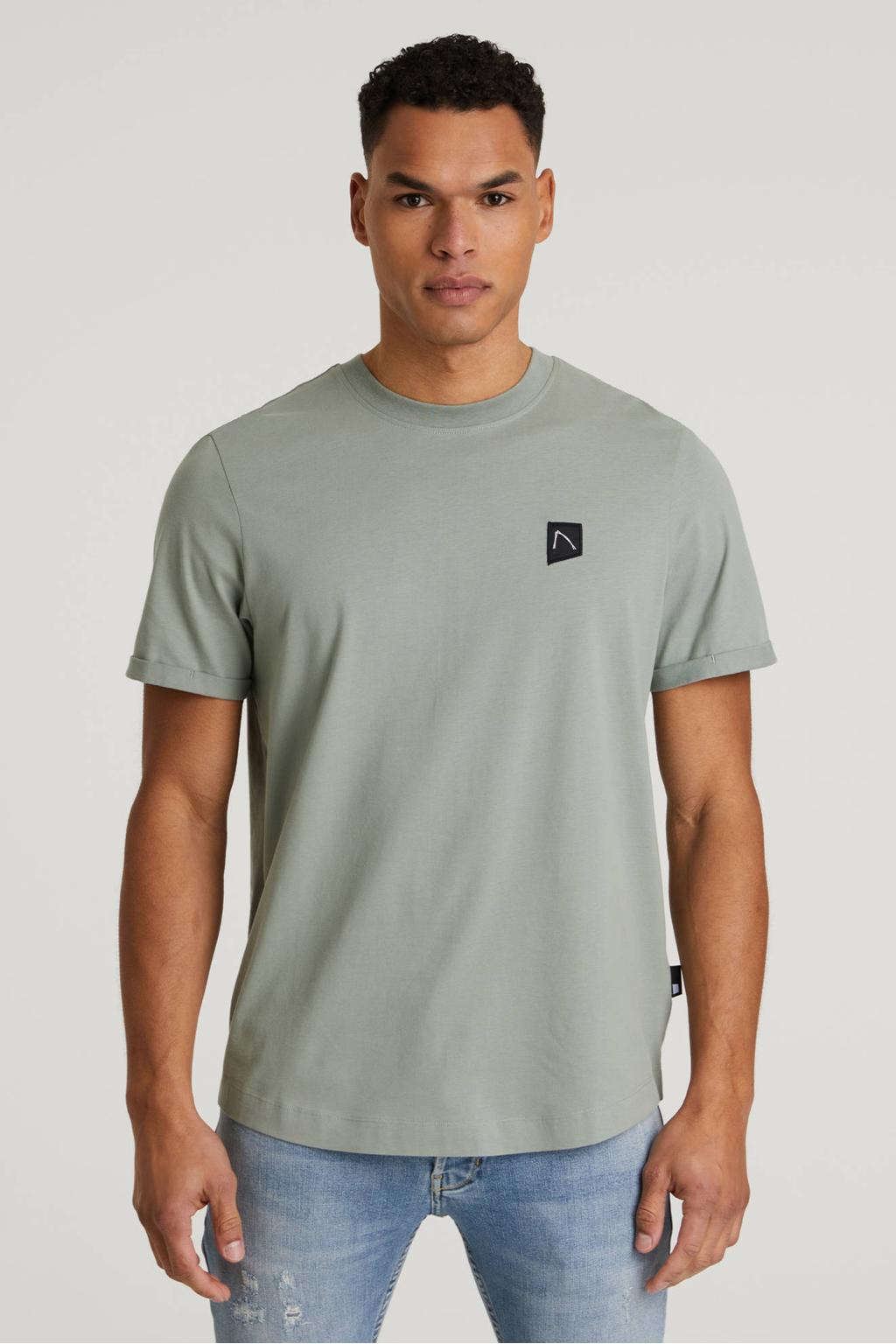 Grijsgroene heren CHASIN' regular T-shirt groen van katoen met effen en korte mouwen