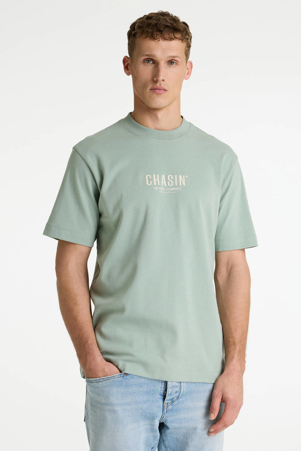 Groene heren CHASIN' oversized T-shirt van katoen met backprint, korte mouwen en ronde hals