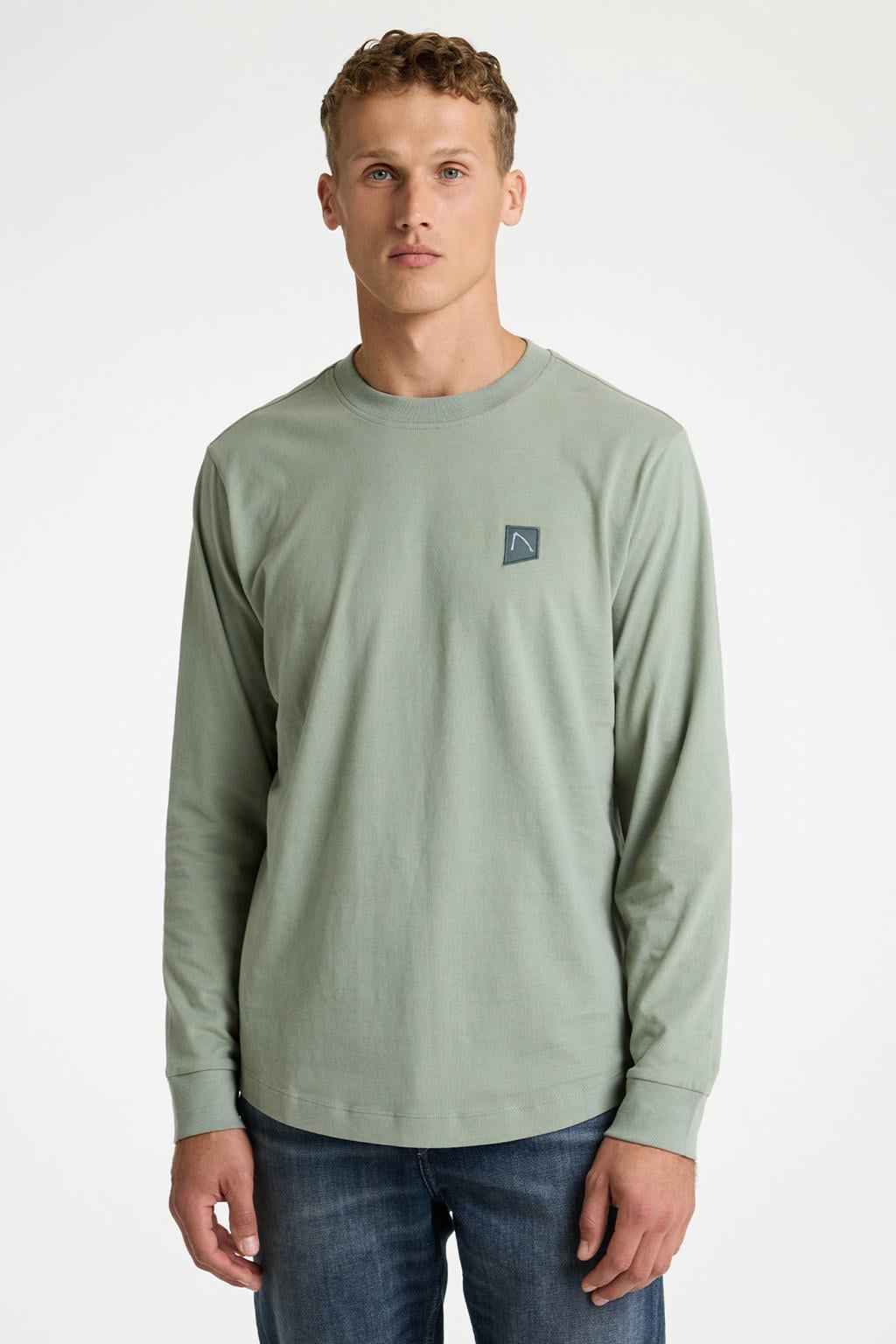 Groene heren CHASIN' longsleeve van katoen met effen, lange mouwen en ronde hals