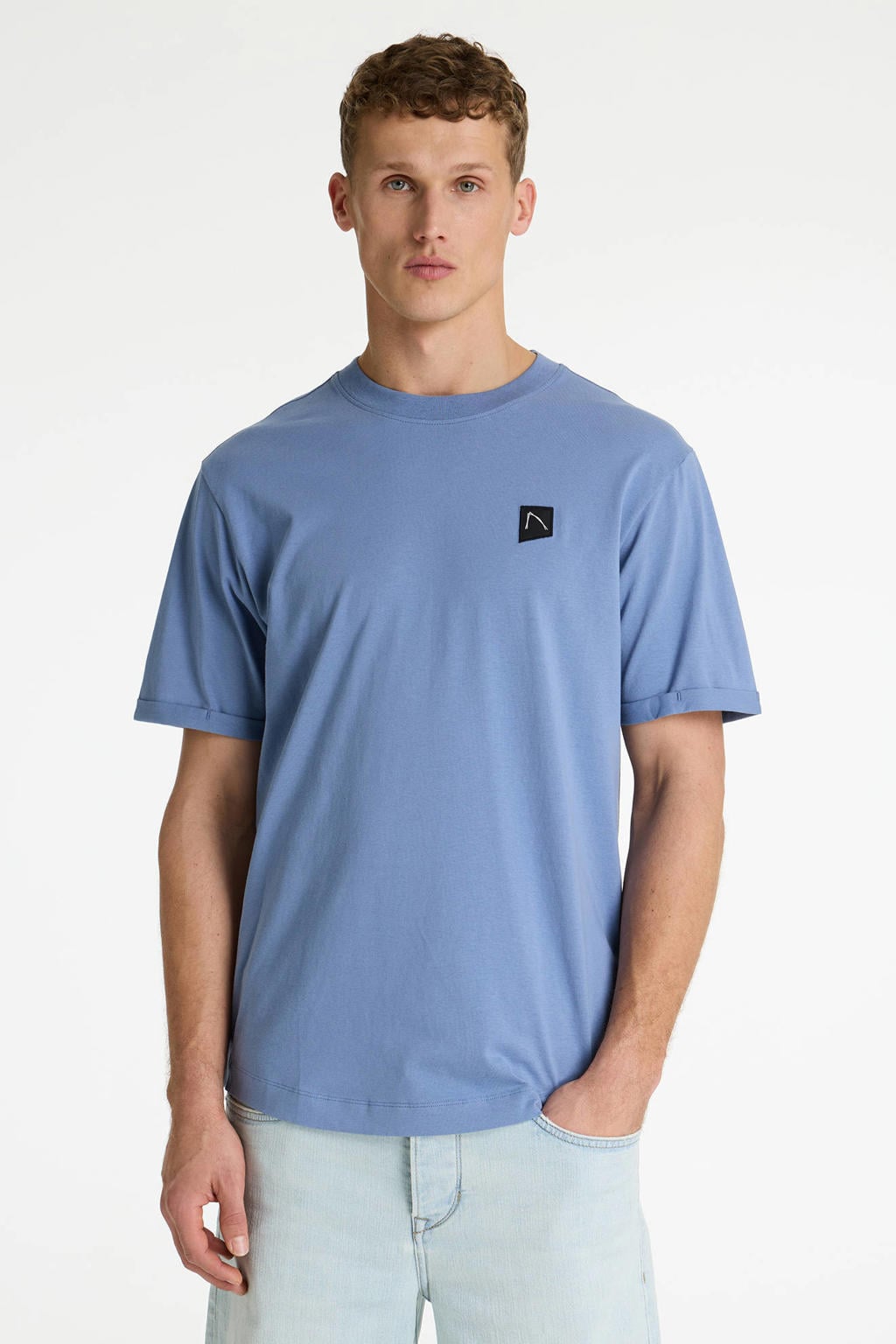 Blauwe heren CHASIN' regular T-shirt van katoen met effen, korte mouwen en ronde hals