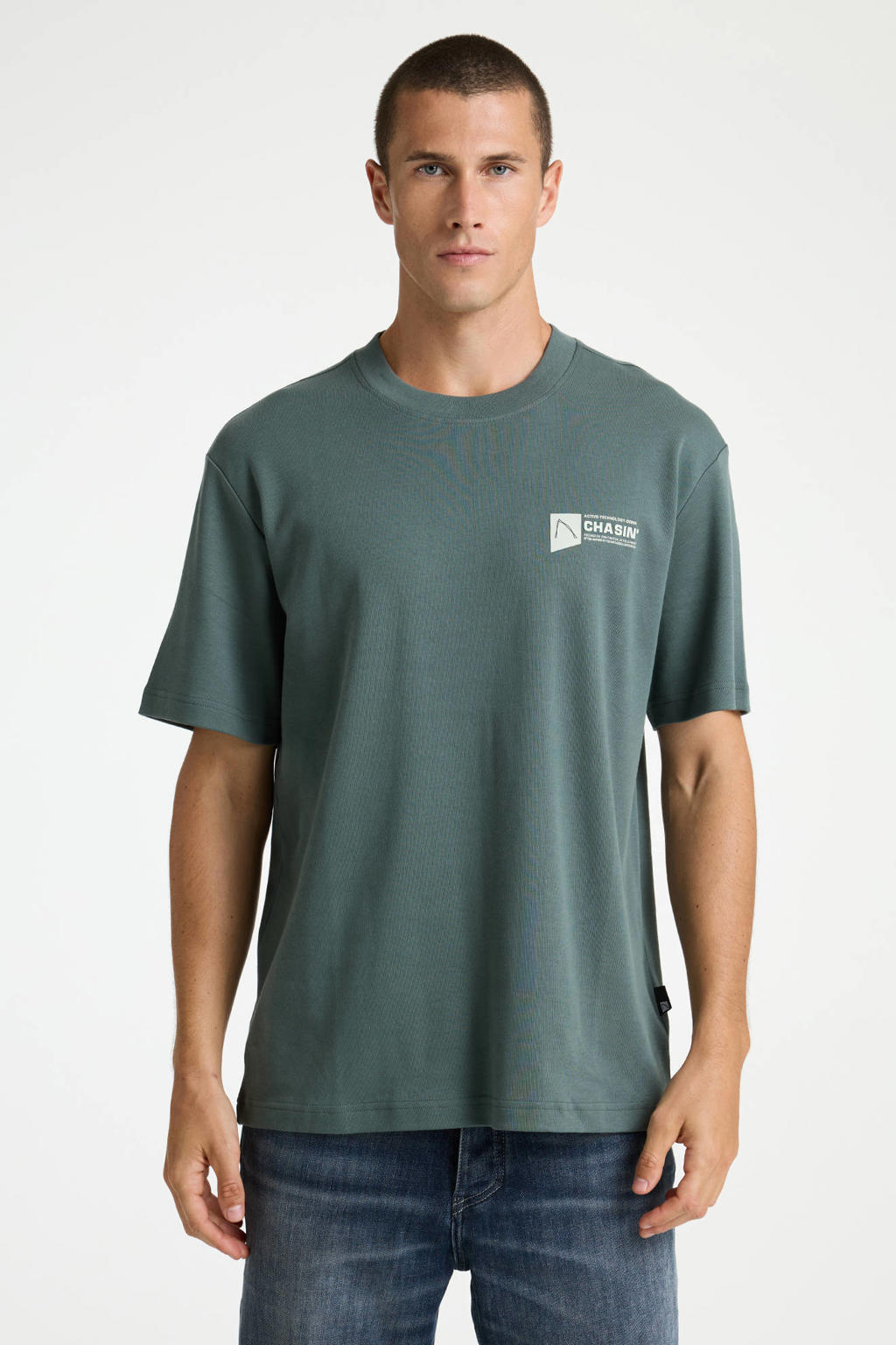 Groene heren CHASIN' oversized T-shirt van katoen met backprint, korte mouwen en ronde hals