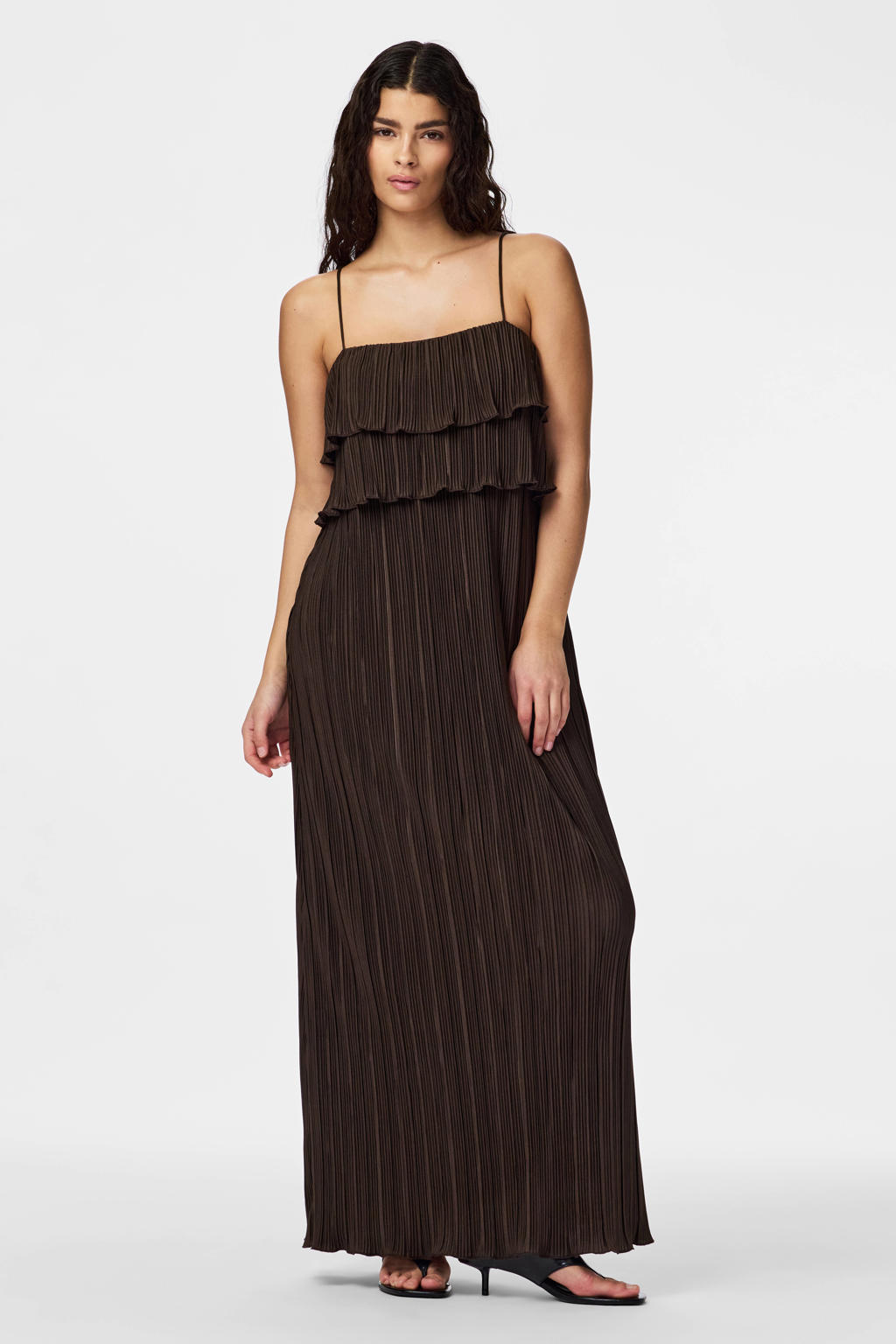 Donkerblauwe dames PIECES maxi jurk met ruches met effen, spaghettibandjes, vierkante hals en plissé details