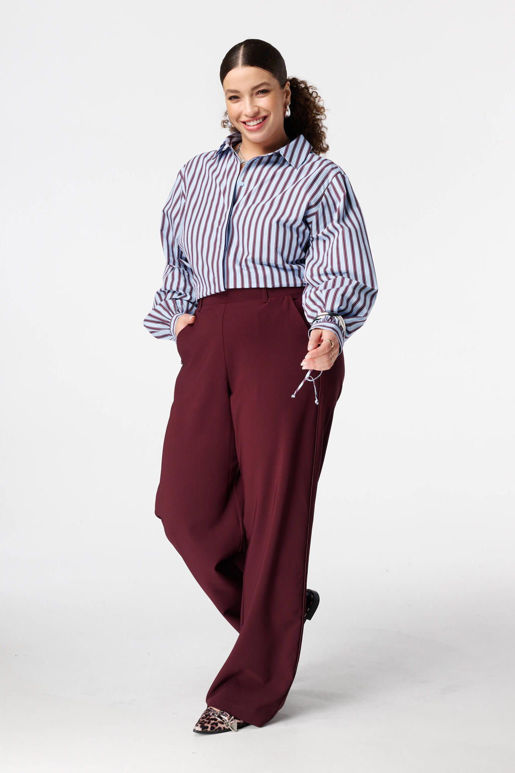 Blauwe dames MS Mode gestreepte blouse van katoen met lange mouwen, klassieke kraag en knoopsluiting