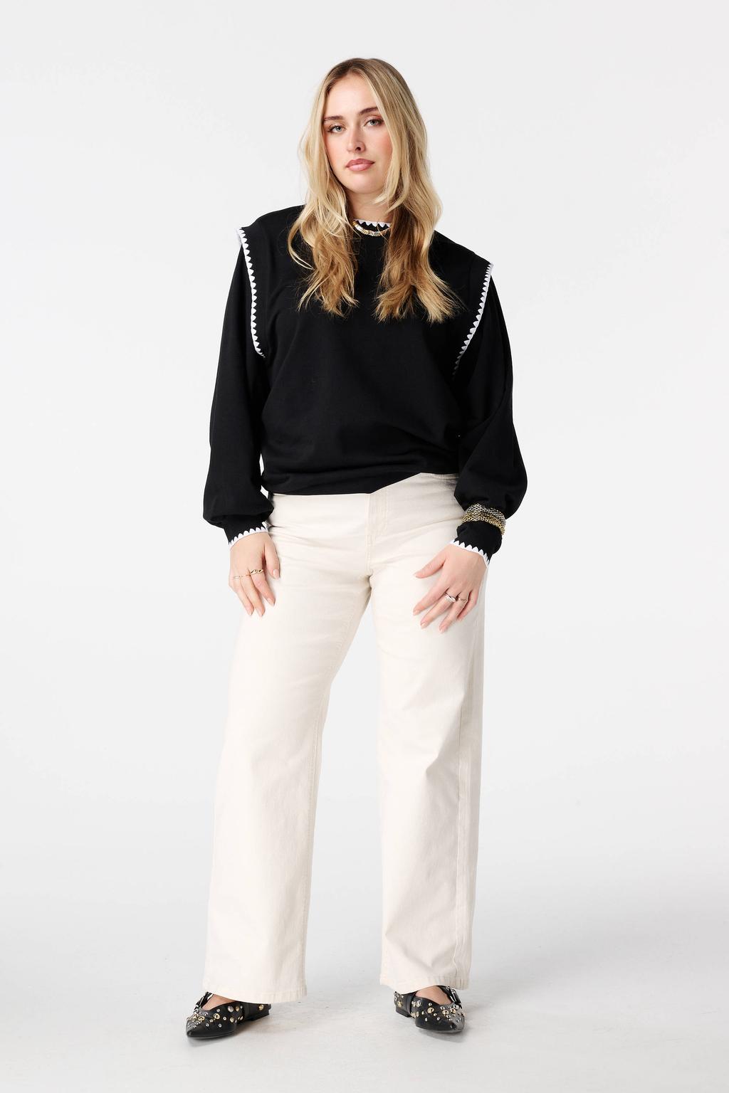 Zwarte dames MS Mode sweater van katoen met effen, lange mouwen en klassieke kraag