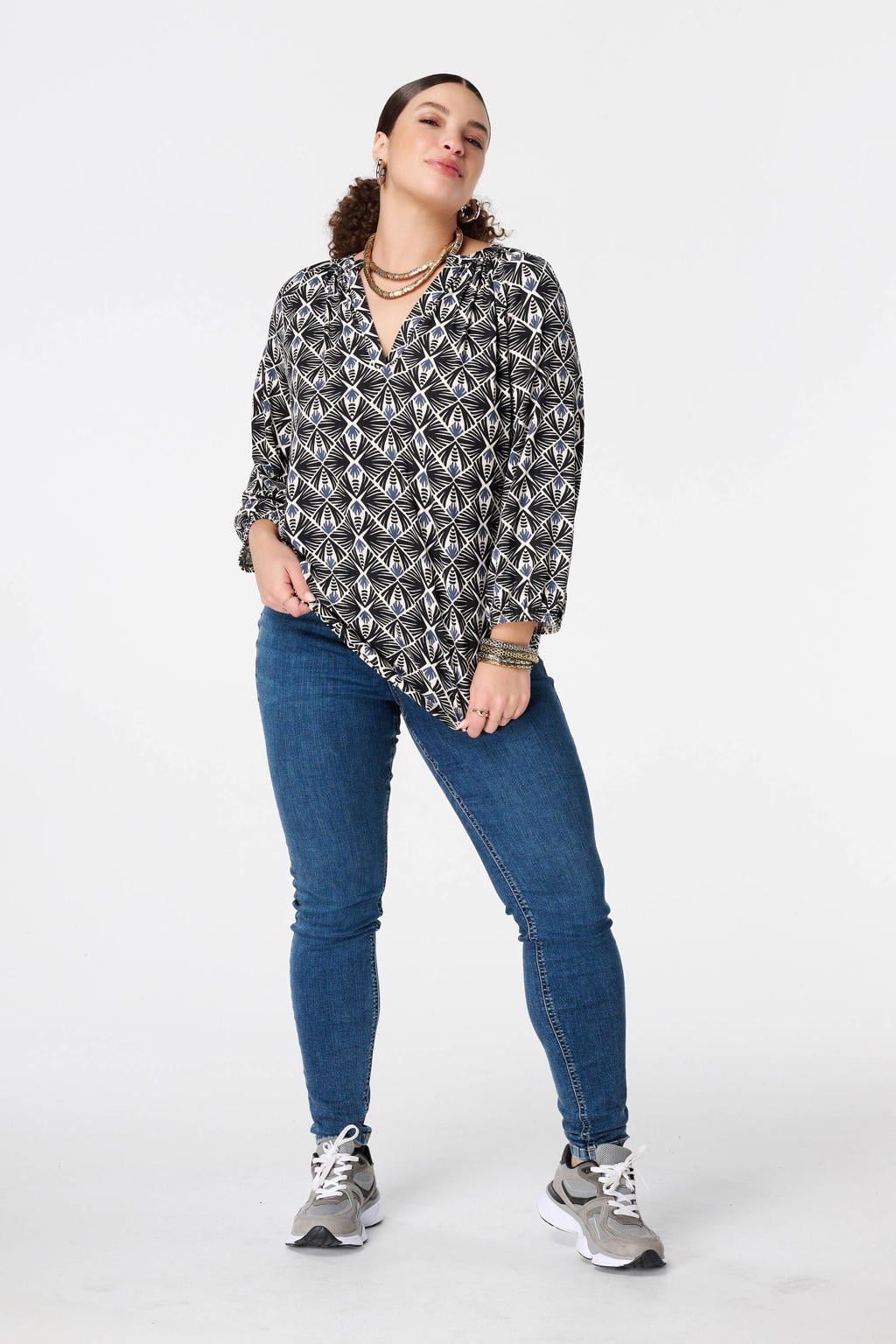 Multikleurige dames MS Mode top van viscose met lange mouwen en klassieke kraag