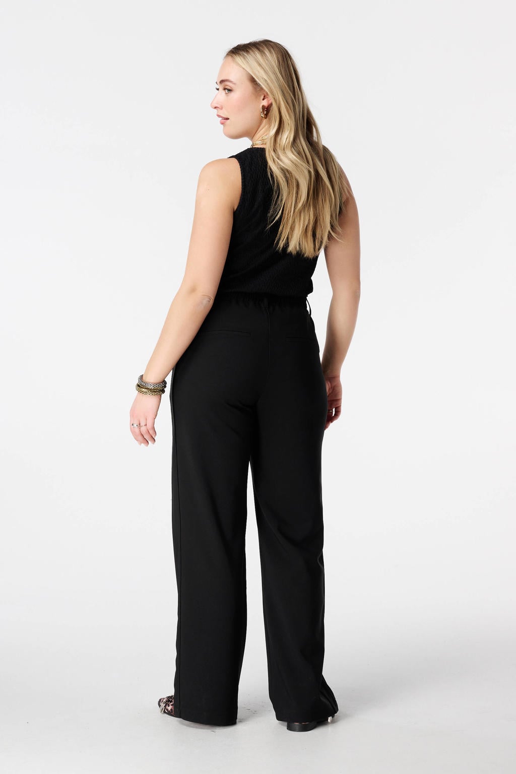 Zwarte dames MS Mode wide leg regular waist broek met haaksluiting en effen