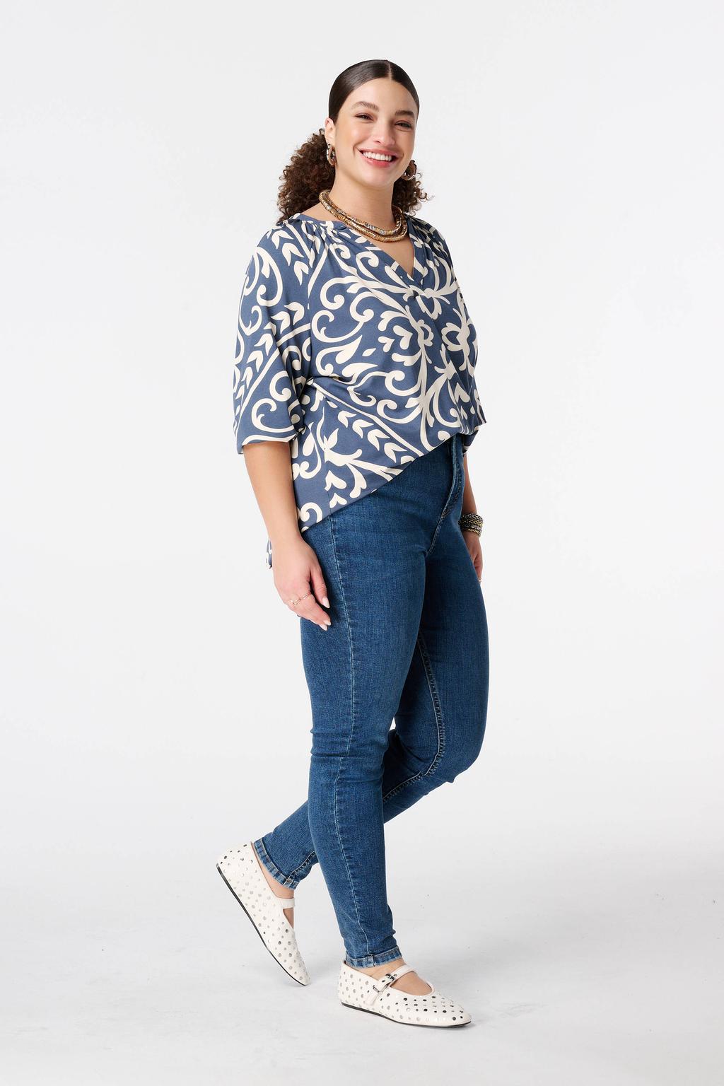 Blauw en witte dames MS Mode top van viscose met lange mouwen en klassieke kraag
