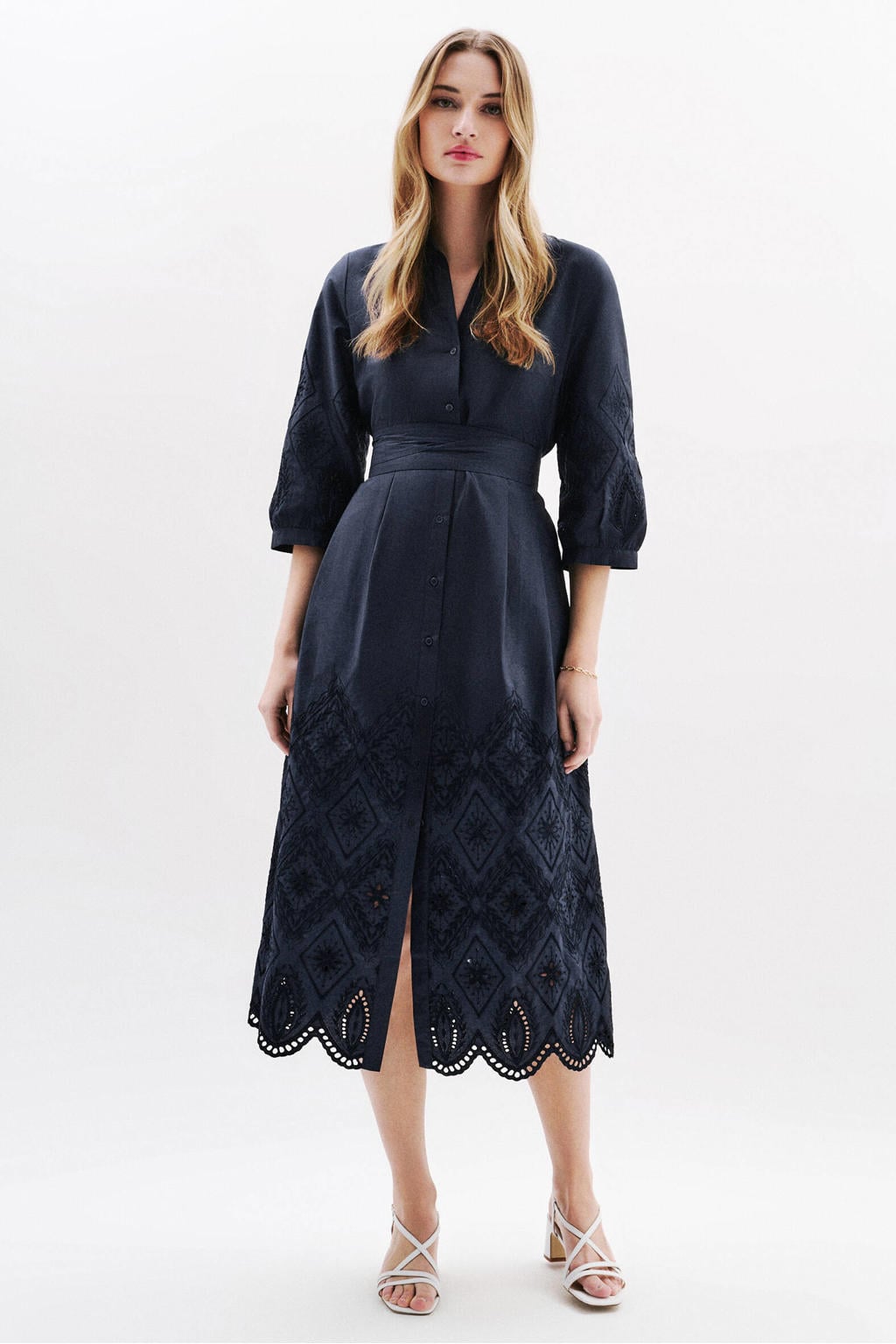 Marineblauw dames Caroll blousejurk broderie blauw van katoen met effen, half lange mouwen en klassieke kraag