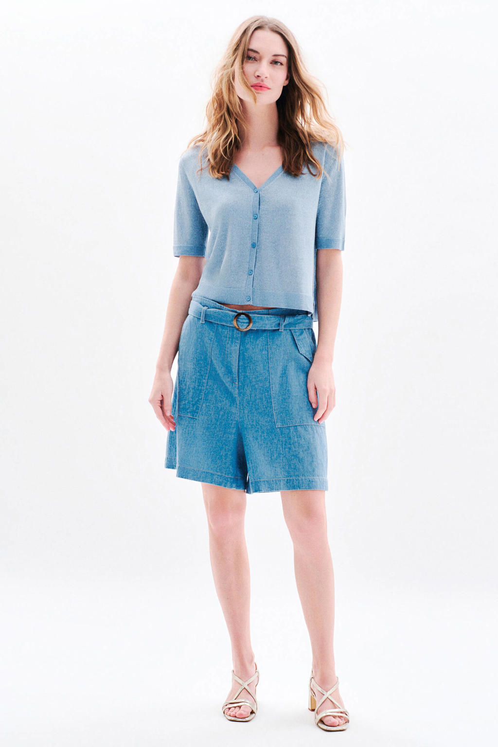 Blauwe dames Caroll straight regular waist bermuda short van linnen met rits- en knoopsluiting en effen